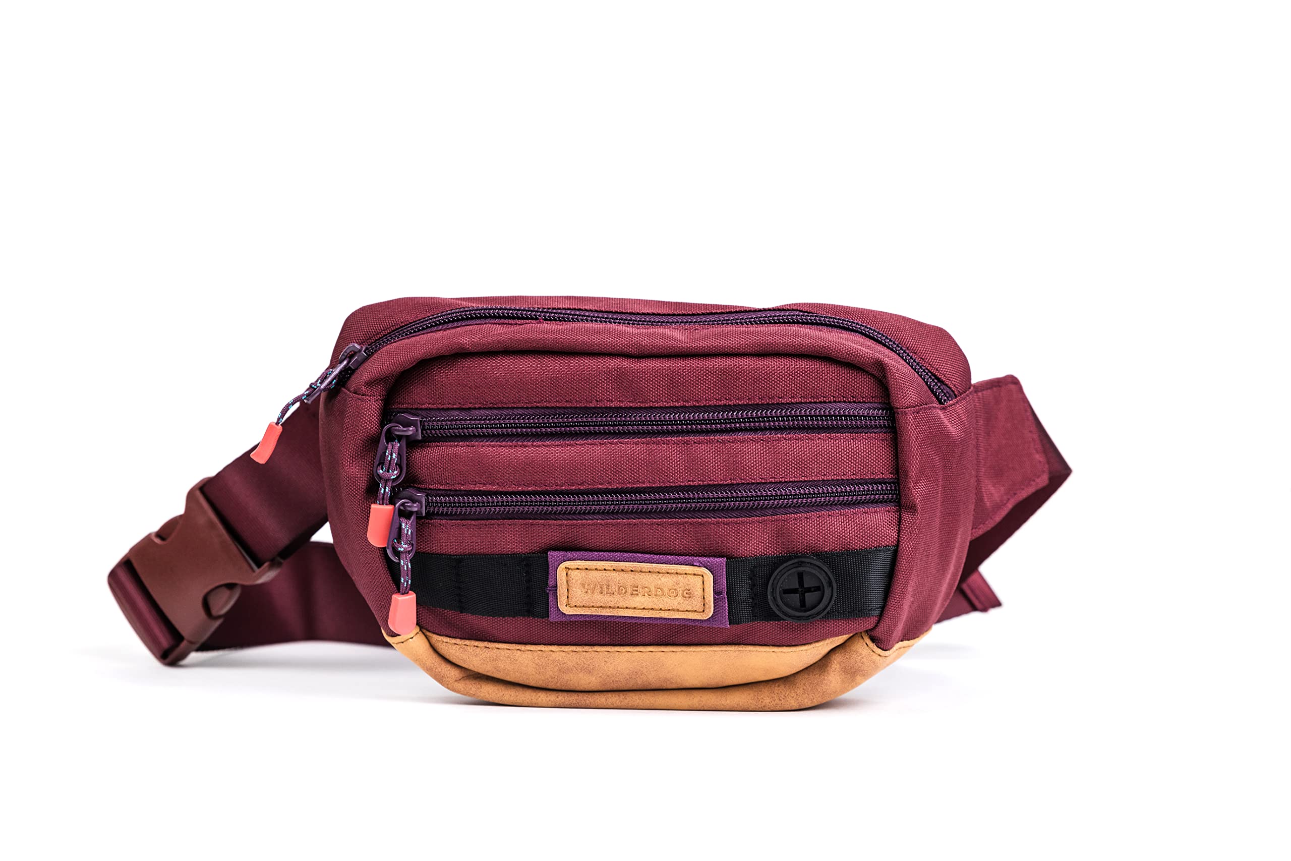 Wilderdog Utility Fanny Pack stores Treats, Balls, Keys in 3 Pockets with adjustable strap and Poop Bag dispenser (Huckleberry)