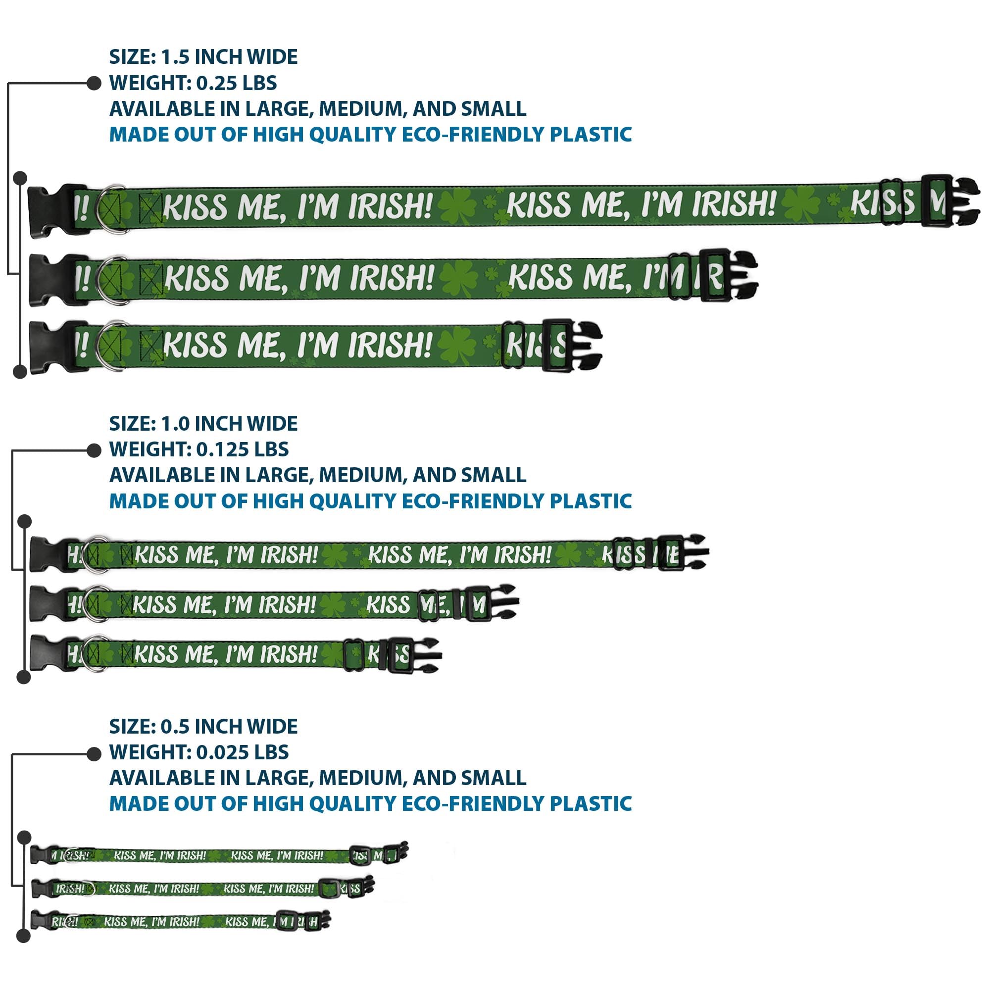 Buckle-Down 9-15' Kiss Me, I'M Irish! Clovers Green/White Plastic Clip Collar, Narrow Large