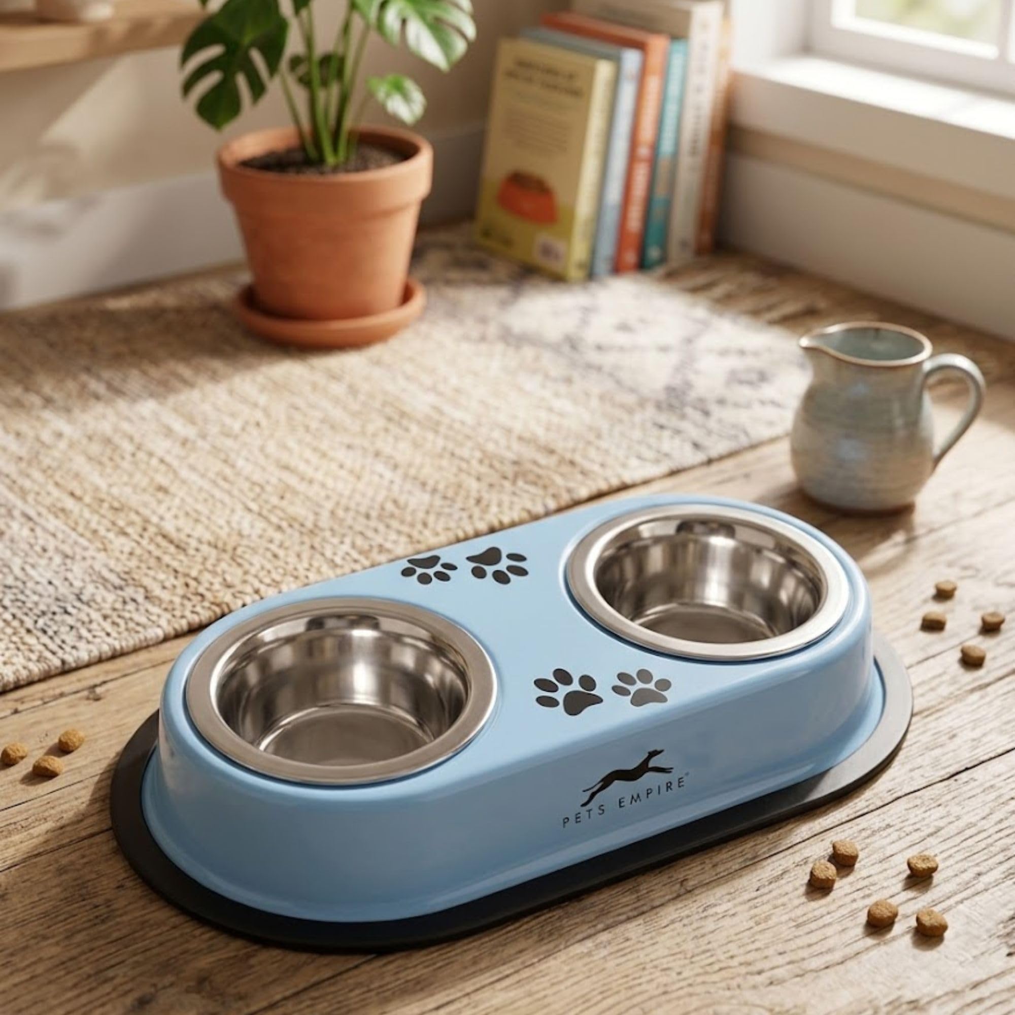 Pets Empire 2 In 1 Stainless Steel Dog & Cat Food And Water Bowl (350 Ml Each) With NonSlip Base(Blue)