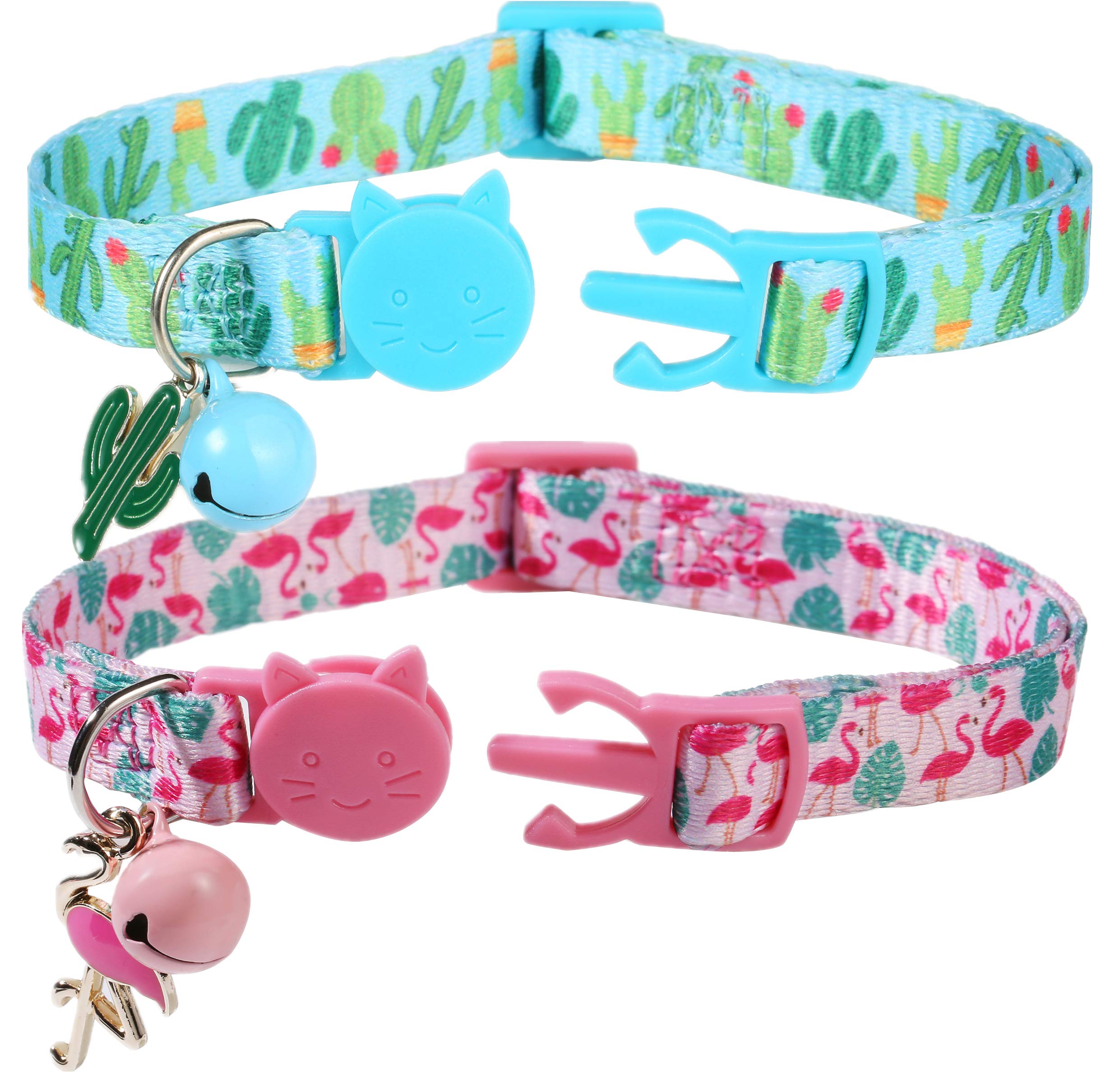 Cactus Cat Collar With Bell And Matching Charm, 2 Pack Breakaway Flamingo Kitten Collar