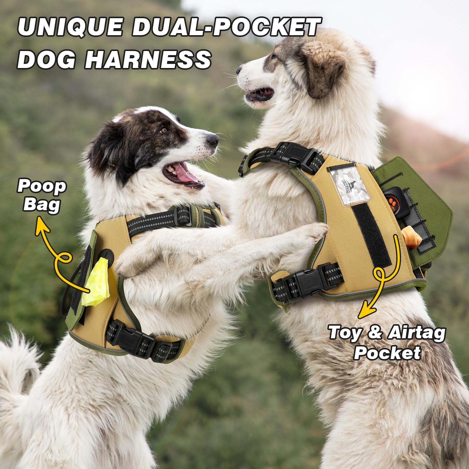 Wingoin Tactical Dog Harness For Medium Dogs, No Pull Harness With Handle 2 Pockets Poop Bag, Reflective Dog Vest, Military Service Heavy Duty Big Dog Harness For Walking Hiking Training, Khaki, M