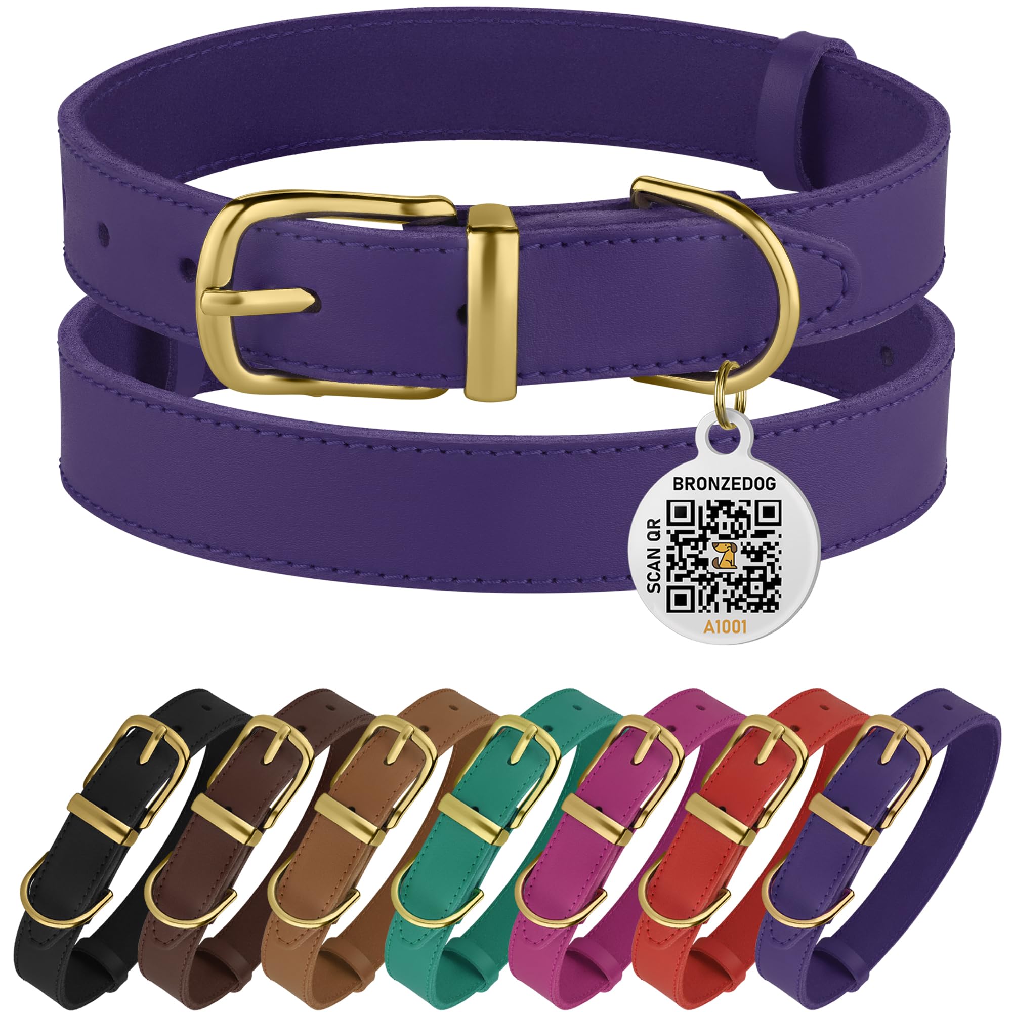 Bronzedog Leather Dog Collar With Metal Buckle Durable Basic Pet Collars For Small Medium Large Dogs (19-21 Inch (Pack Of 1), Purple & Gold Buckle)