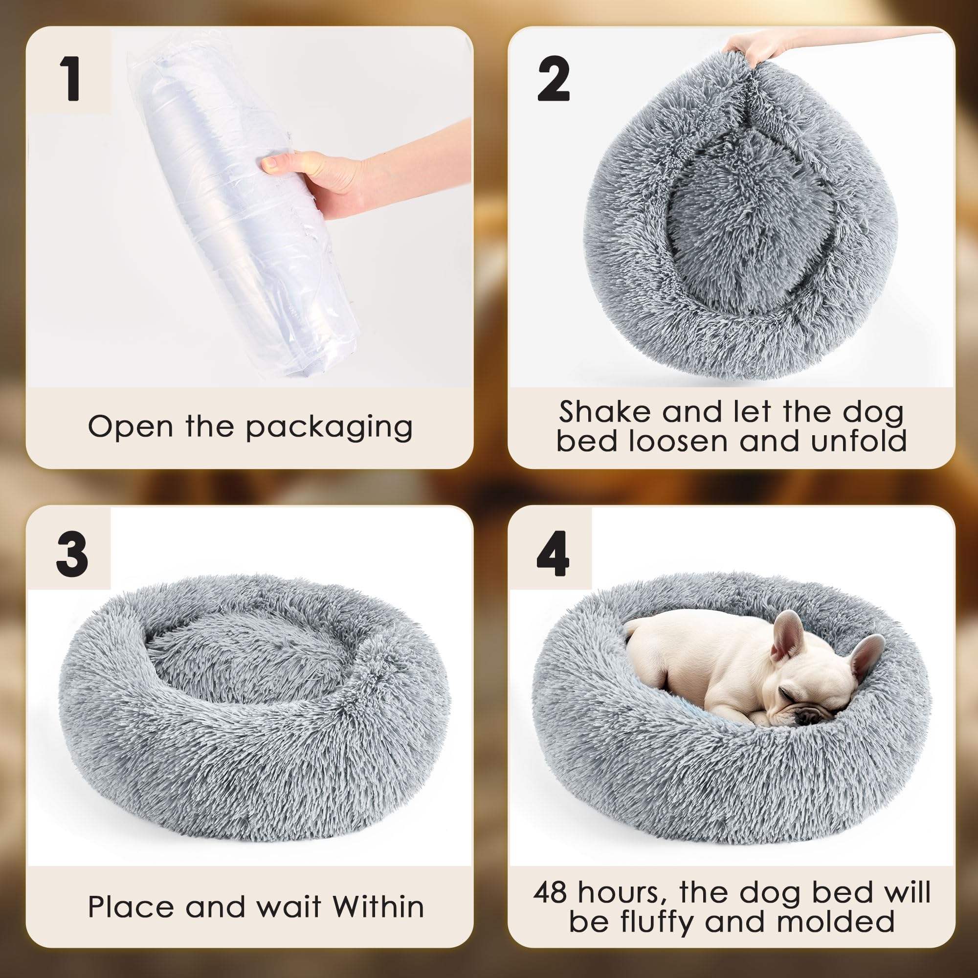 Hoewina Dog & Cat Bed, 20In Cat Beds For Indoor Cats, Calming Donut Bed For Puppy And Kitten, Washable Round Fluffy Pet Bed For Small Medium Dogs And Cats (Light Grey)