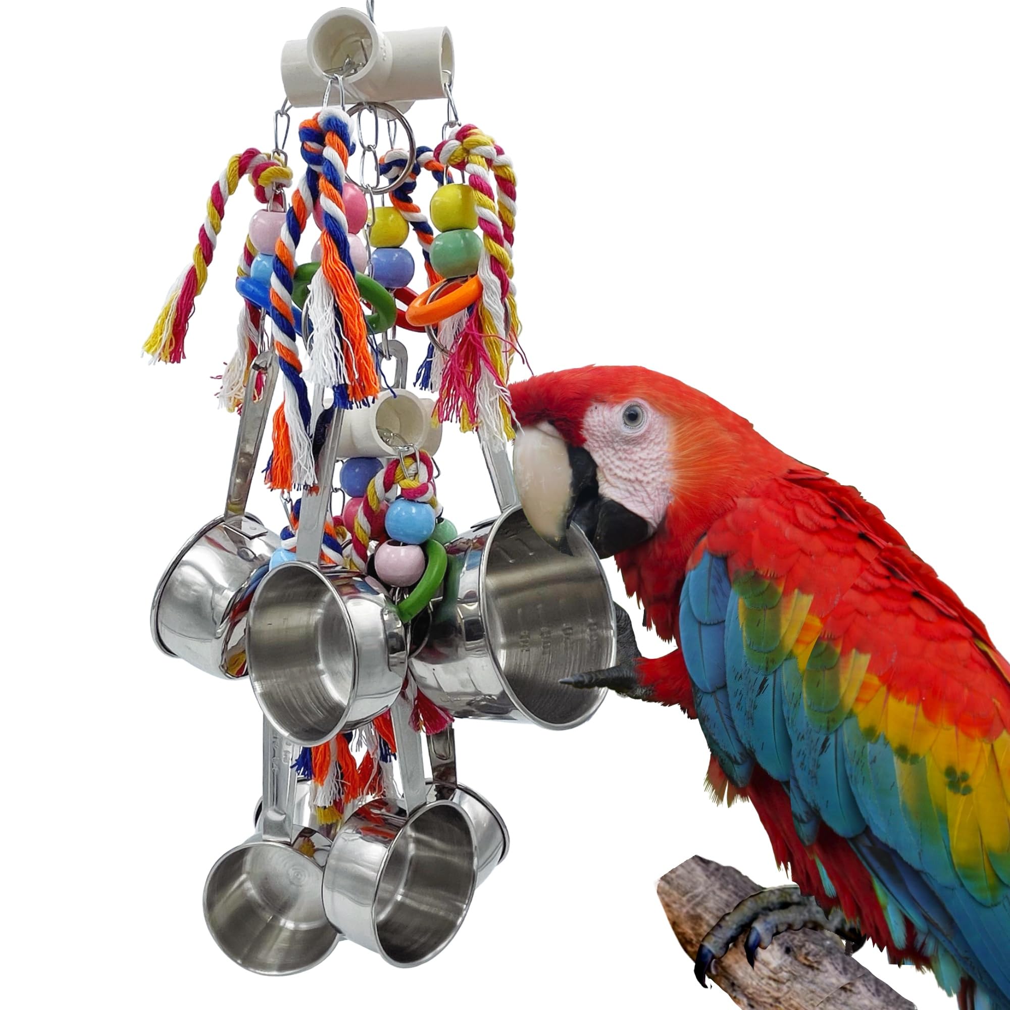 Gilygi New Upgraded Metallic Pots And Multicolored Ring Toys, Pullable 8 Stainless Steel Cups And 8 Wooden Ring Toys For Large And Extra Large Parrot Amazons Macaws African Greys Cockatoos Eclectus