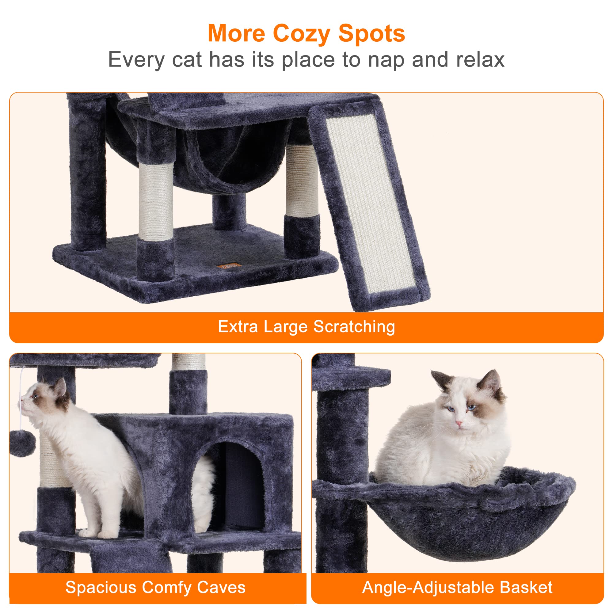 Heybly Cat Tree, Cat Tower For Indoor Cats,Multi-Level Cat Furniture Condo For Cats With Padded Plush Perch, Cozy Basket And Scratching Board Smoky Gray Hct014G
