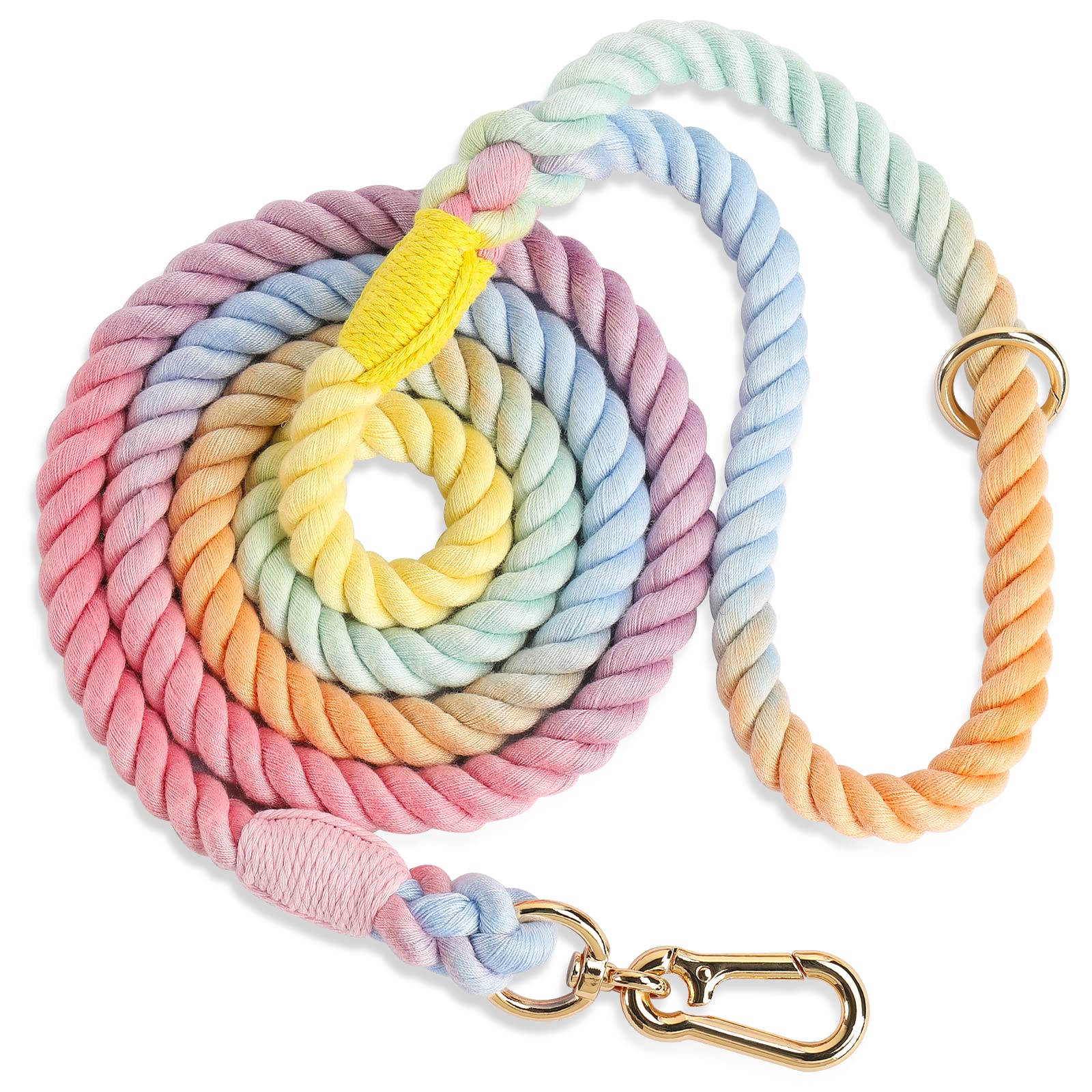 Nugutic Rope Dog Leash Handmade Braided Cotton Rope Leashes With Heavy Duty Metal Clasp, Cute Dog Leash, Wedding Dog Leash (Colorful Macaron, 5 Ft)
