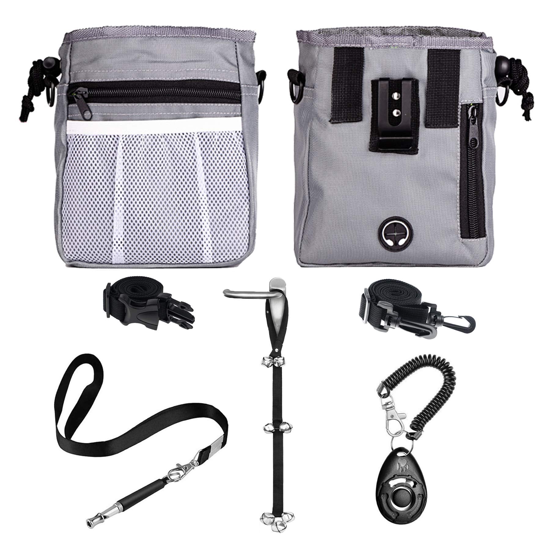 D-BUY 4-in-1 Dog Training Set, Puppy Training Treats- Dog Treat Training Pouch, Bark Control Whistle, Dog Doorbells, Dog Clicker