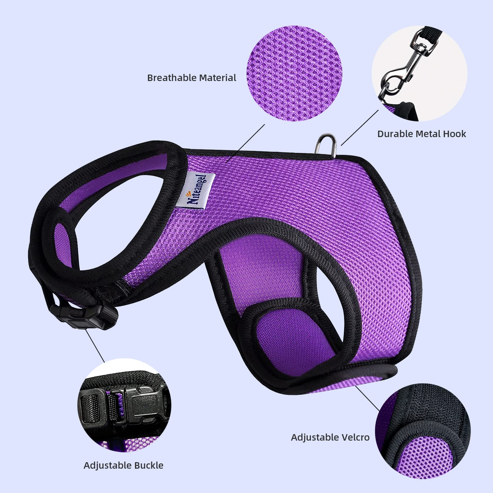 Niteangel Adjustable Soft Harness With Elastic Leash For Rabbits (M, Purple)