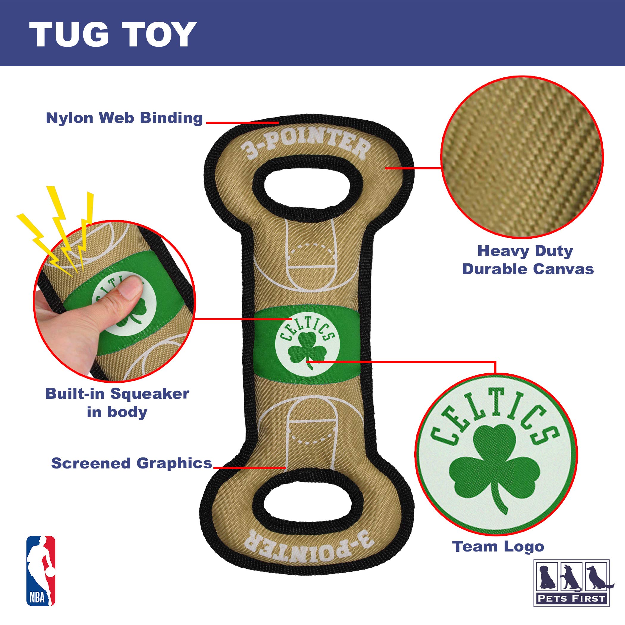 Pets First Nba Boston Celtics Field Toy. - Tough Nylon Pet Toy With Double Trim Stitching & Inner Squeaker, One Size, Cel-3030