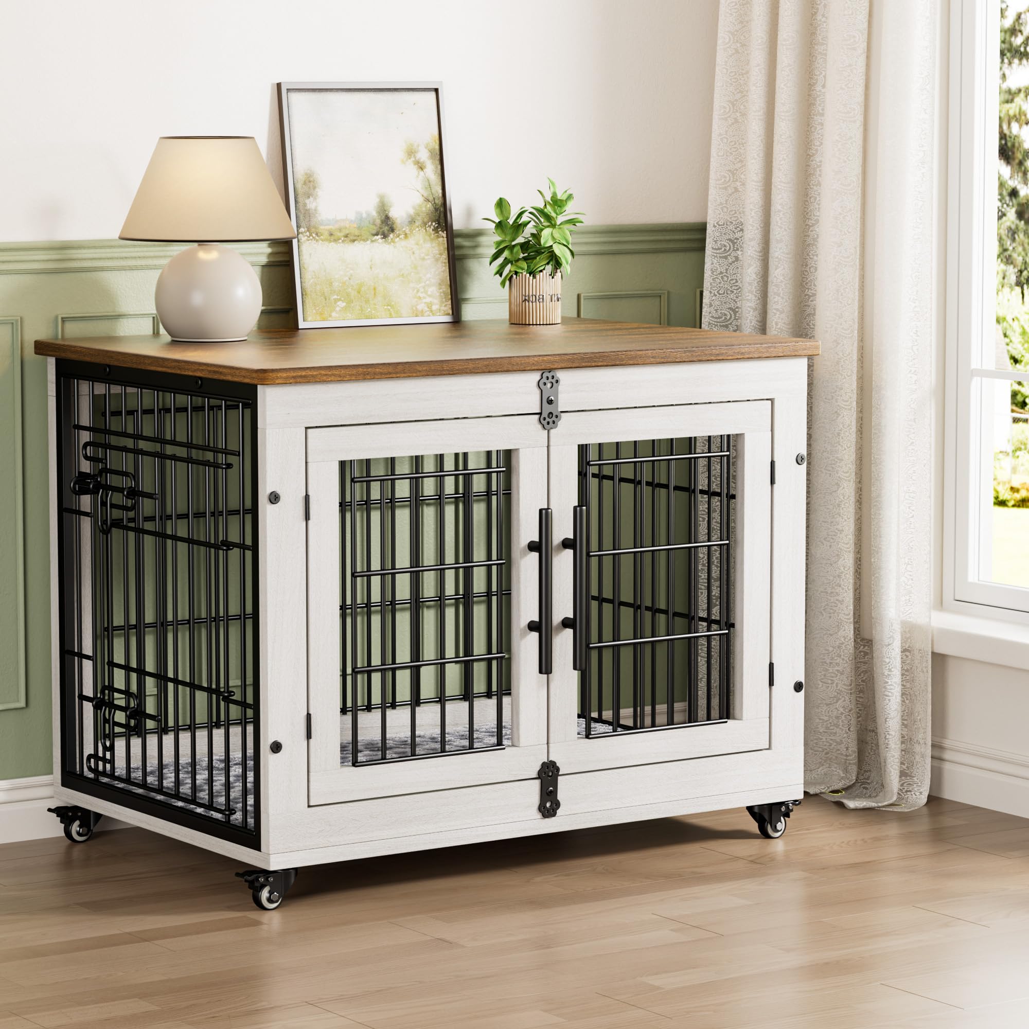 Lulive Dog Crate Furniture for Medium Dogs, 32 Dog Kennel Indoor with Cushion & Wheels Wooden Dog Cage Double Doors Dog Crate 