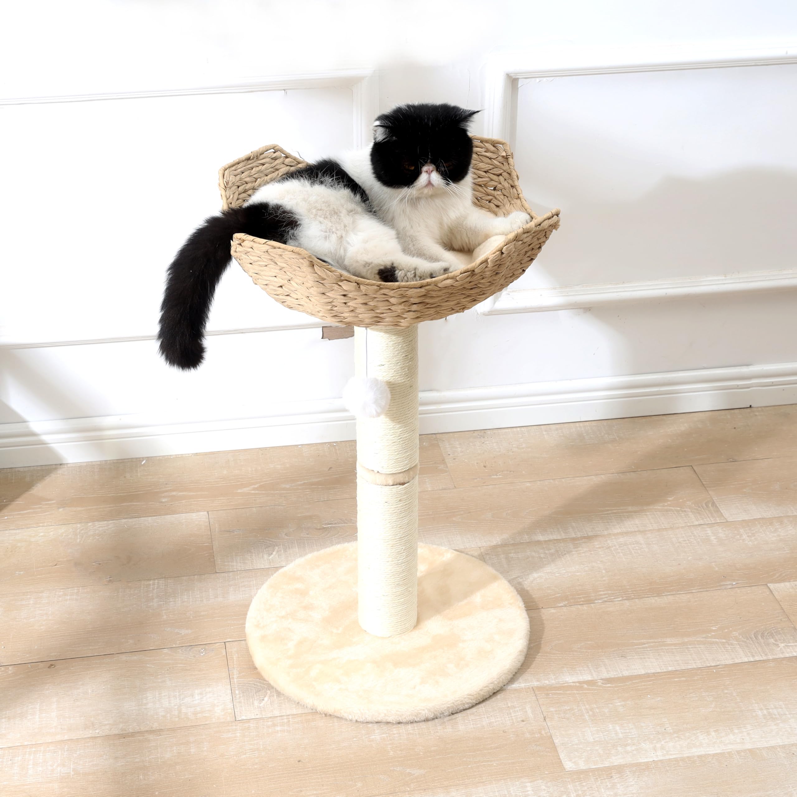 SHENGOCASE Cat Tree Tower with 17.7" Rattan Basket, Metal Frame, Window Perch for Large Cats up to 25LBS