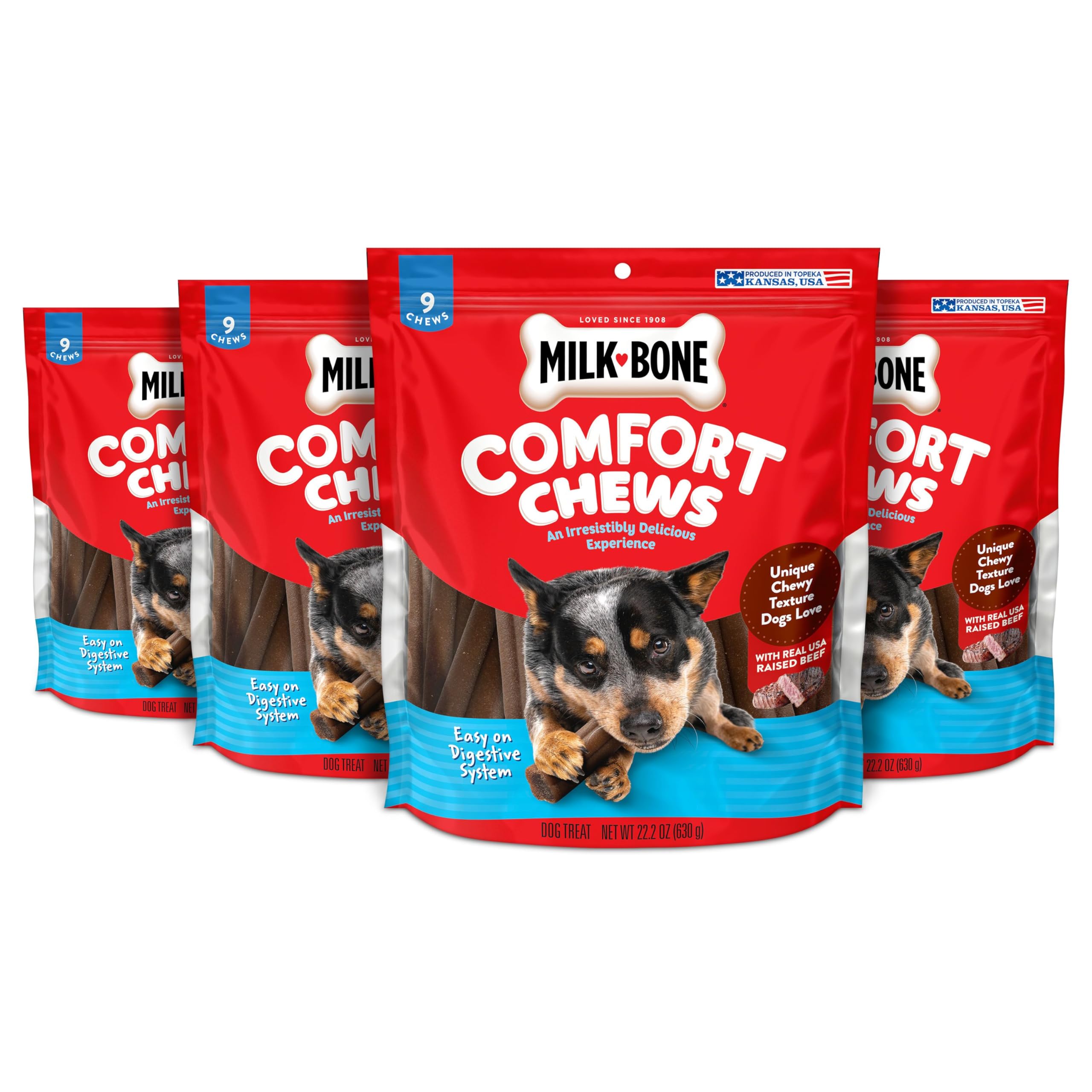 Milk-Bone Comfort Chews, Rawhide Free Dog Treats with Unique Chewy Texture and Real Beef, 9 Chews (Pack of 4), Easy on Digestive