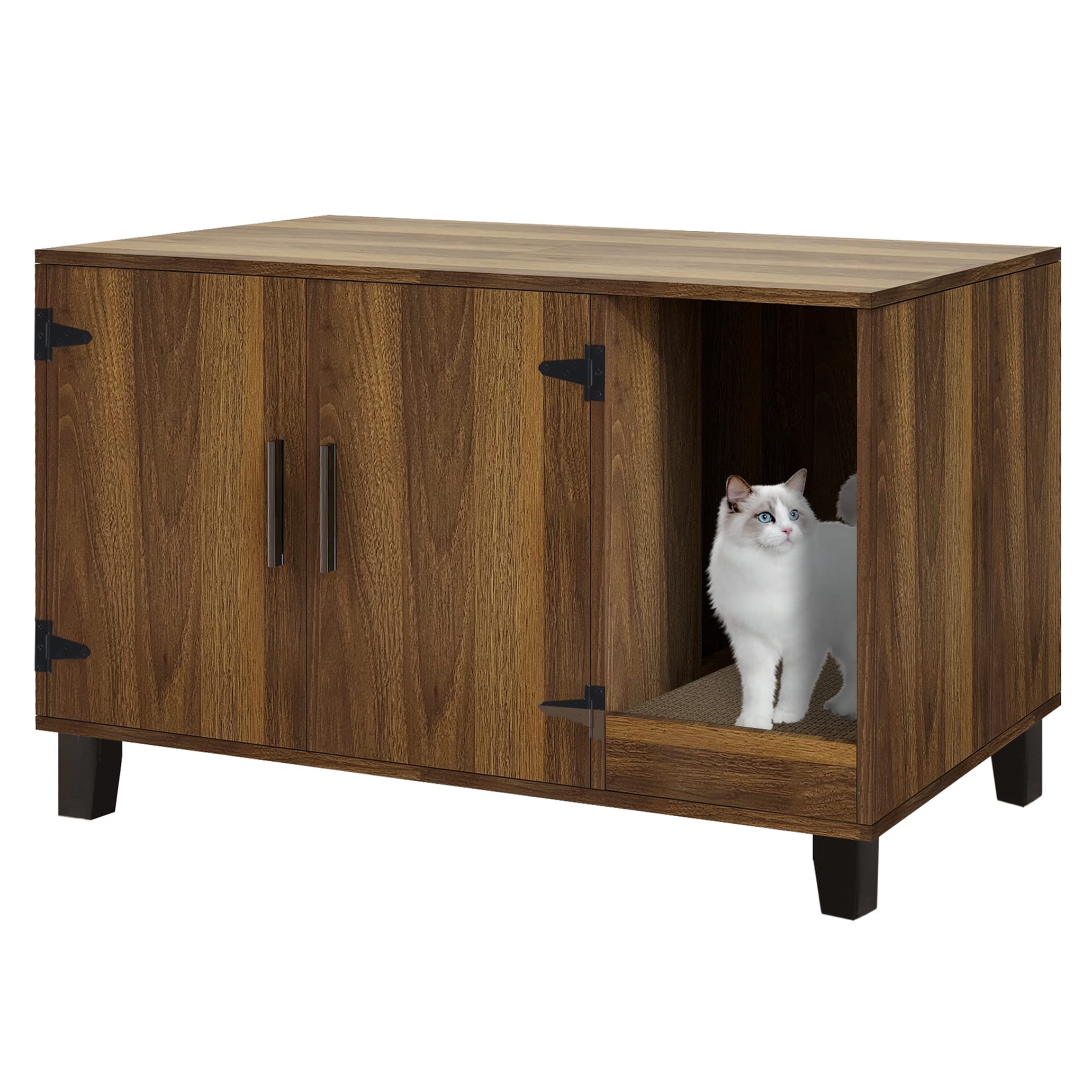 Taohfe Litter Box Enclosure Cat Litter Box Furniture Hidden With Cat Scratch Pad Decorative Farmhouse Wooden Hidden Litter Box Cat House Litterbox Furniture Cat Box Furniture Litterbox Cabinet