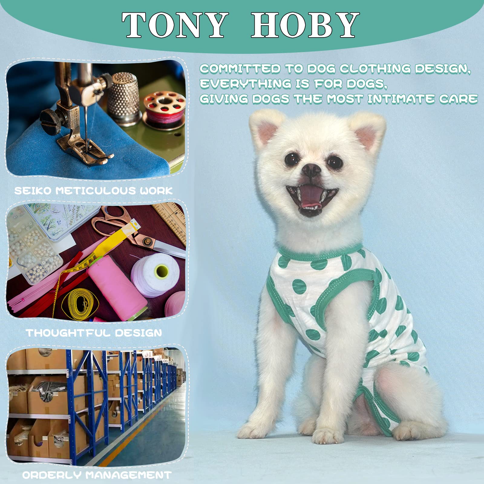 Tony Hoby Summer Dog Jumpsuit, Soft Breathable Dog Pajamas With Polka Dots (Dark Green, S)