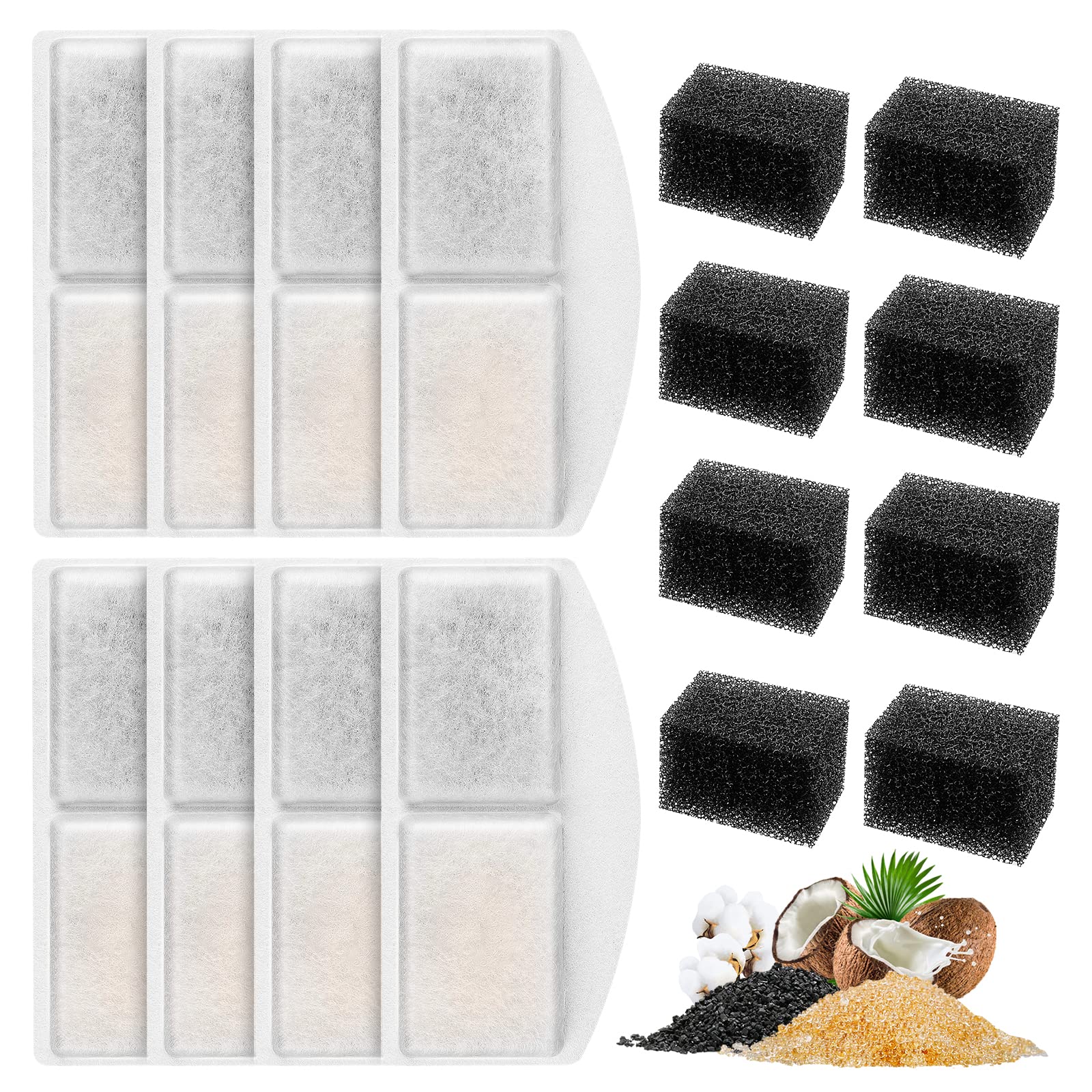 Myfatboss Pet Fountain Filter Replacement And Replacement Pre-Filter Sponges, 8+8 Pack Cat Water Fountain Filters And Foam Compitible With 100Oz/3L Automatic Pet Fountain, Pack Of 16