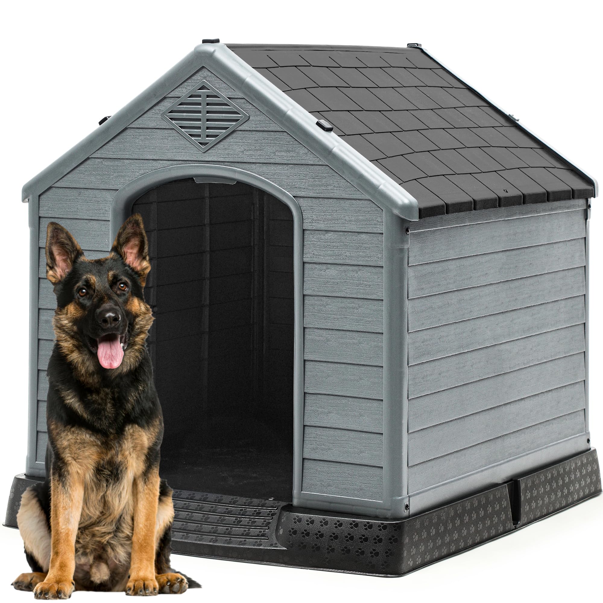 DWVO Spacious Plastic Dog Shelter, Weatherproof Outdoor/Indoor Doghouse, Puppy Kennel with Air Vents and Elevated Floor, 41.3L
