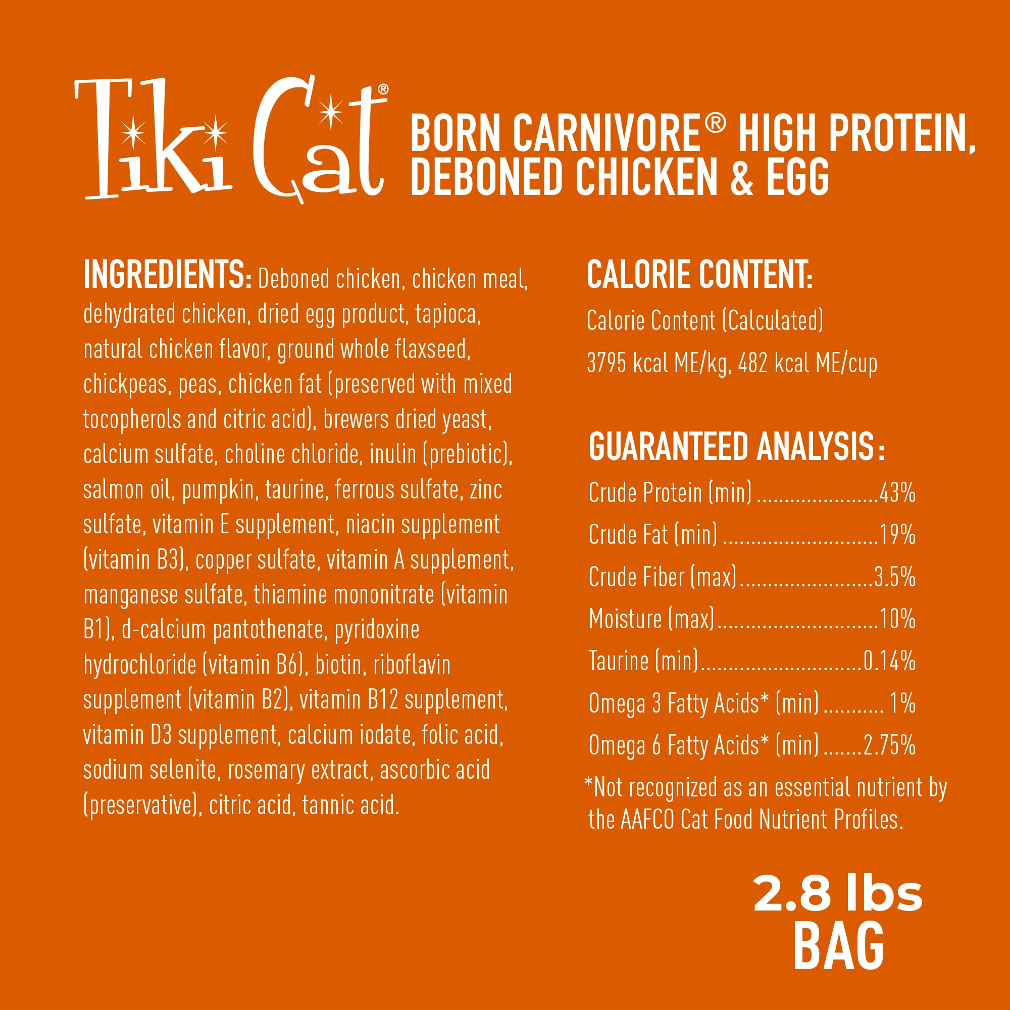 Tiki Cat Born Carnivore High Protein, Deboned Chicken & Egg, Grain-Free Baked Kibble to Maximize Nutrients, Dry Cat Food, 2.8 lb