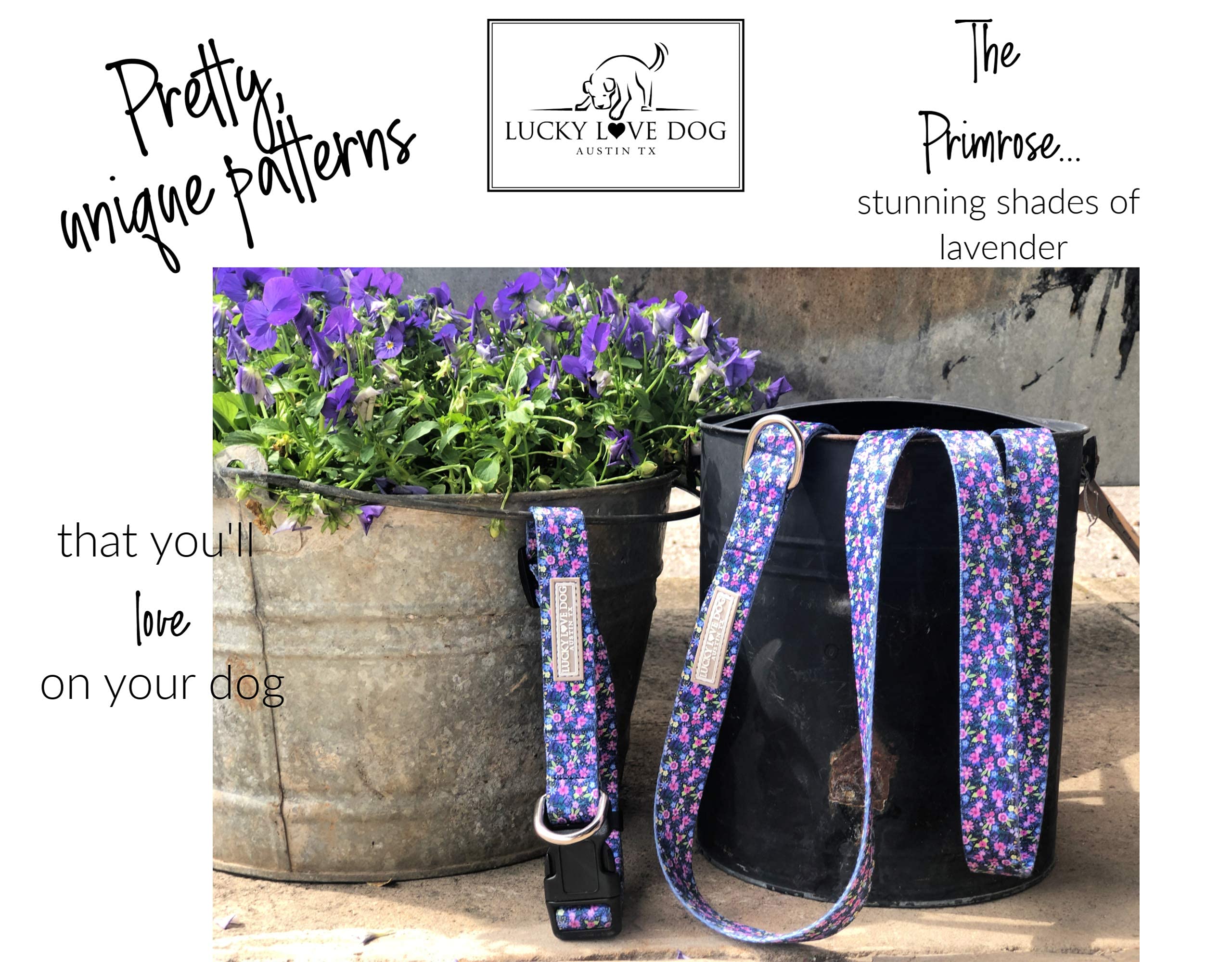 Lucky Love Dog, Matching Dog Collar & Leash Set For Female Dogs, Soft, Adjustable, Safe For Training And Walking, Black & Purple Floral Print, Primrose Combo, Xs