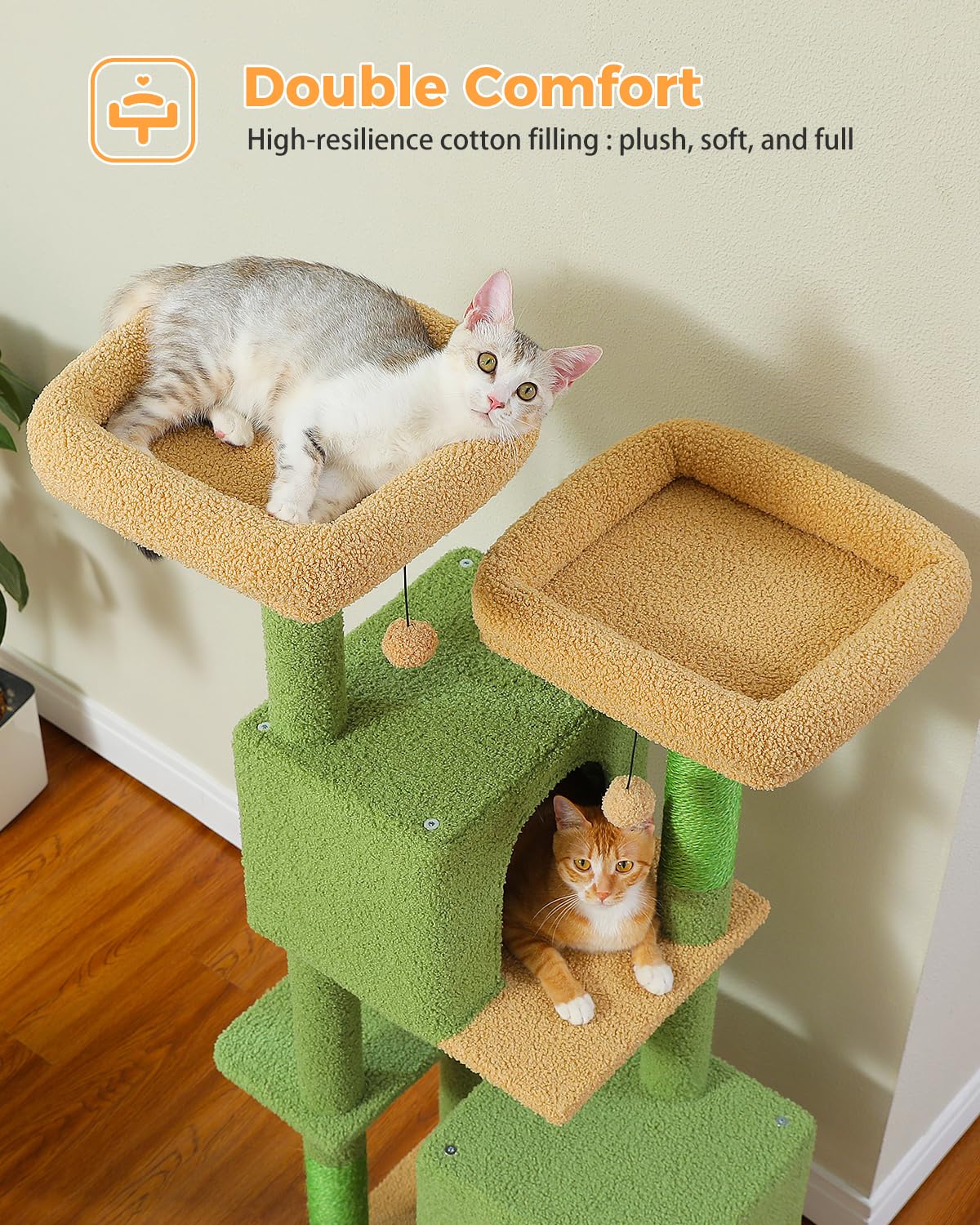 Muttros Cactus Cat Tree, 52.4'' Cat Tower For Indoor Cats, Cute Cat Tree With 2 Padded Perches, 2 Condos & 2 Scratching Posts, G