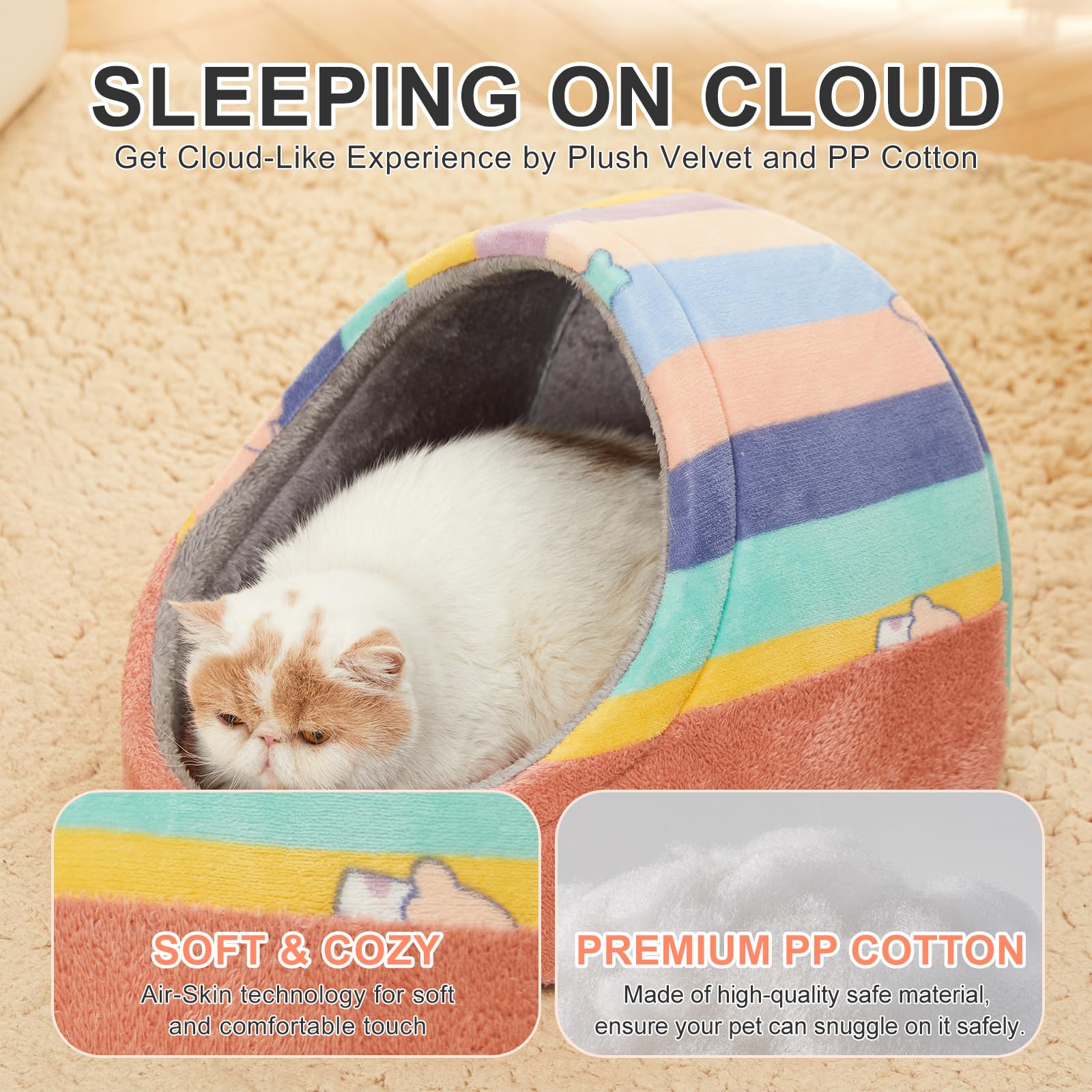 Jiupety Cat Cave Bed for Indoor Cats, Medium Rainbow Cotton with Washable Cushion