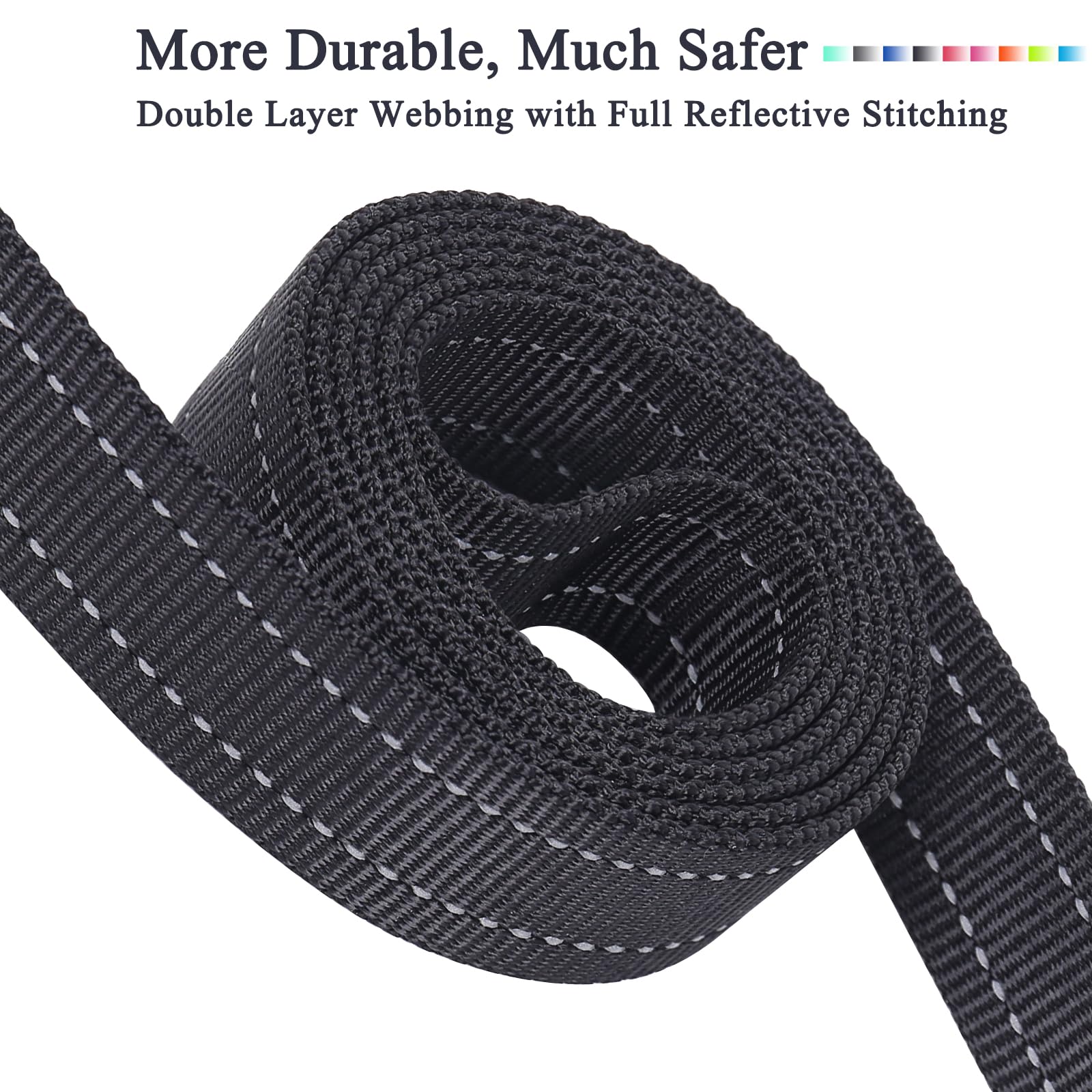 VIVAGLORY Traffic Handle Dog Leash - 4ft Nylon, Reflective, 2 Padded Handles, Strong Metal Hook, Black, for Dogs 25-120 lbs.
