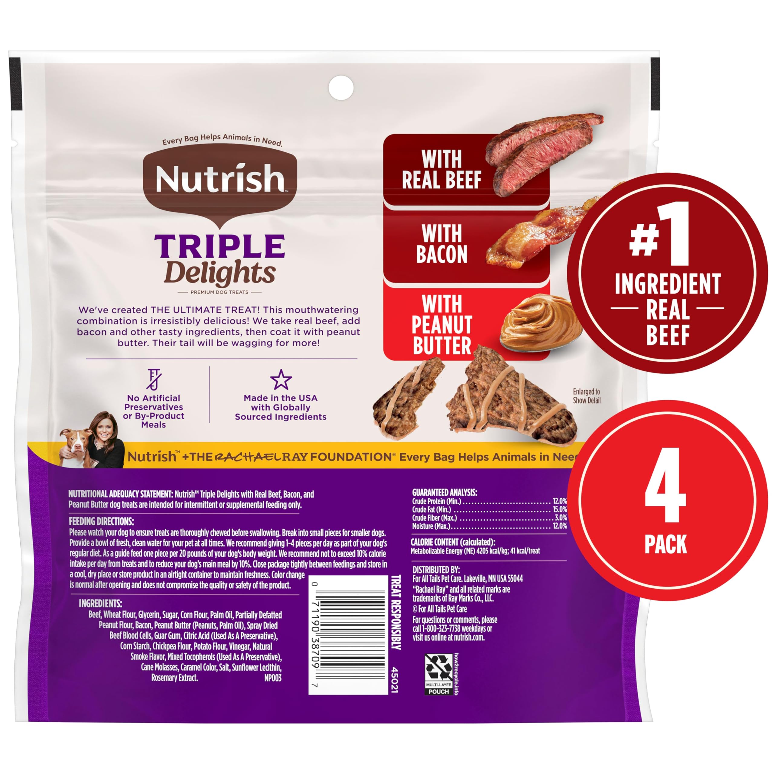 Nutrish Triple Delights Dog Treats, Real Beef & Bacon, 11 oz Pouch, Pack of 4