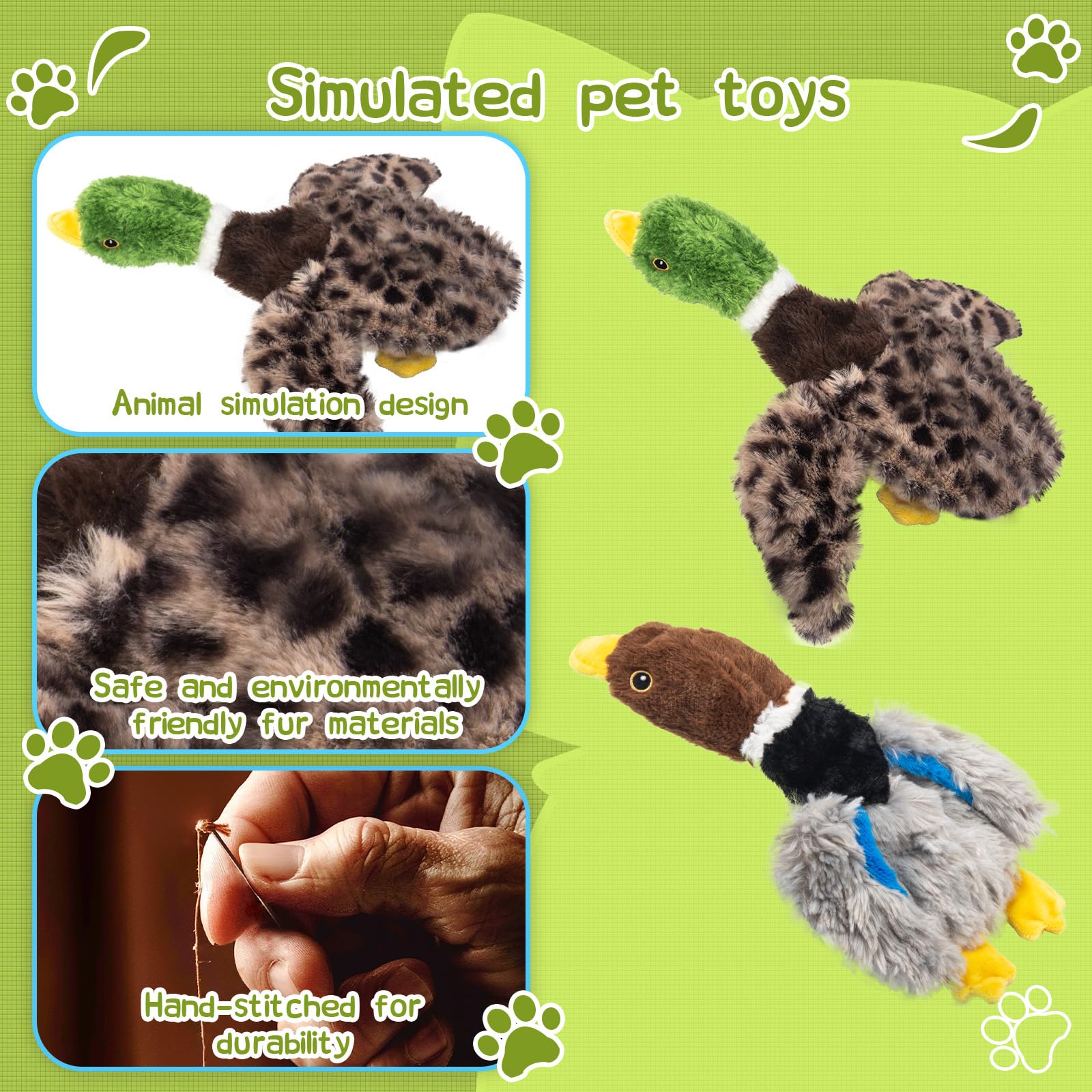 Calibonbon 2-Pack Stuffing-Free Squeaky Dog Toys for Small & Medium Dogs - Hollow Body Plush Ducks with 6 Total Squeakers | Dura