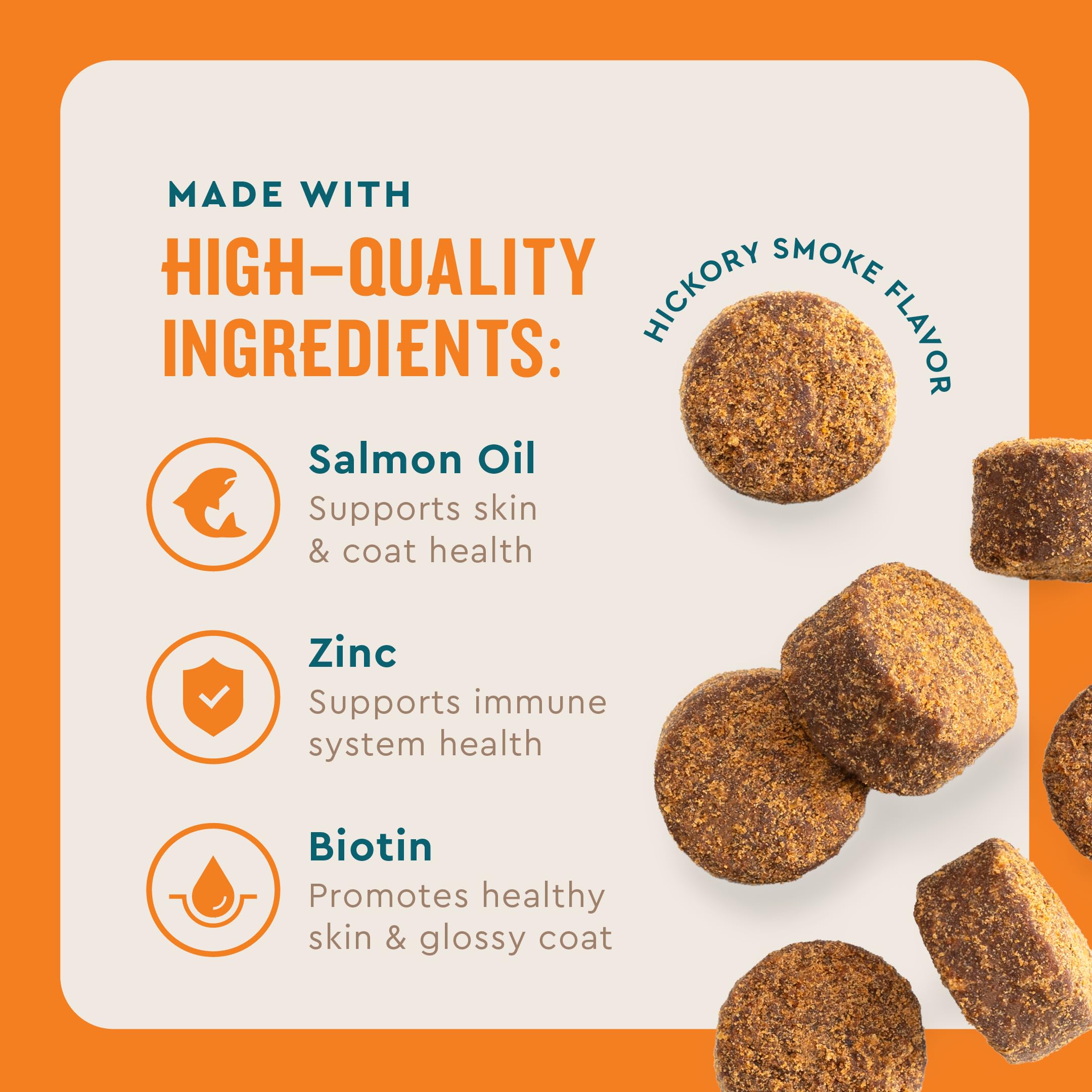 VetIQ Skin and Coat Supplement for Dogs, Helps Maintain Healthy Skin and Shiny Coat, Hickory Smoke Flavor Dog Chew, 60 Count
