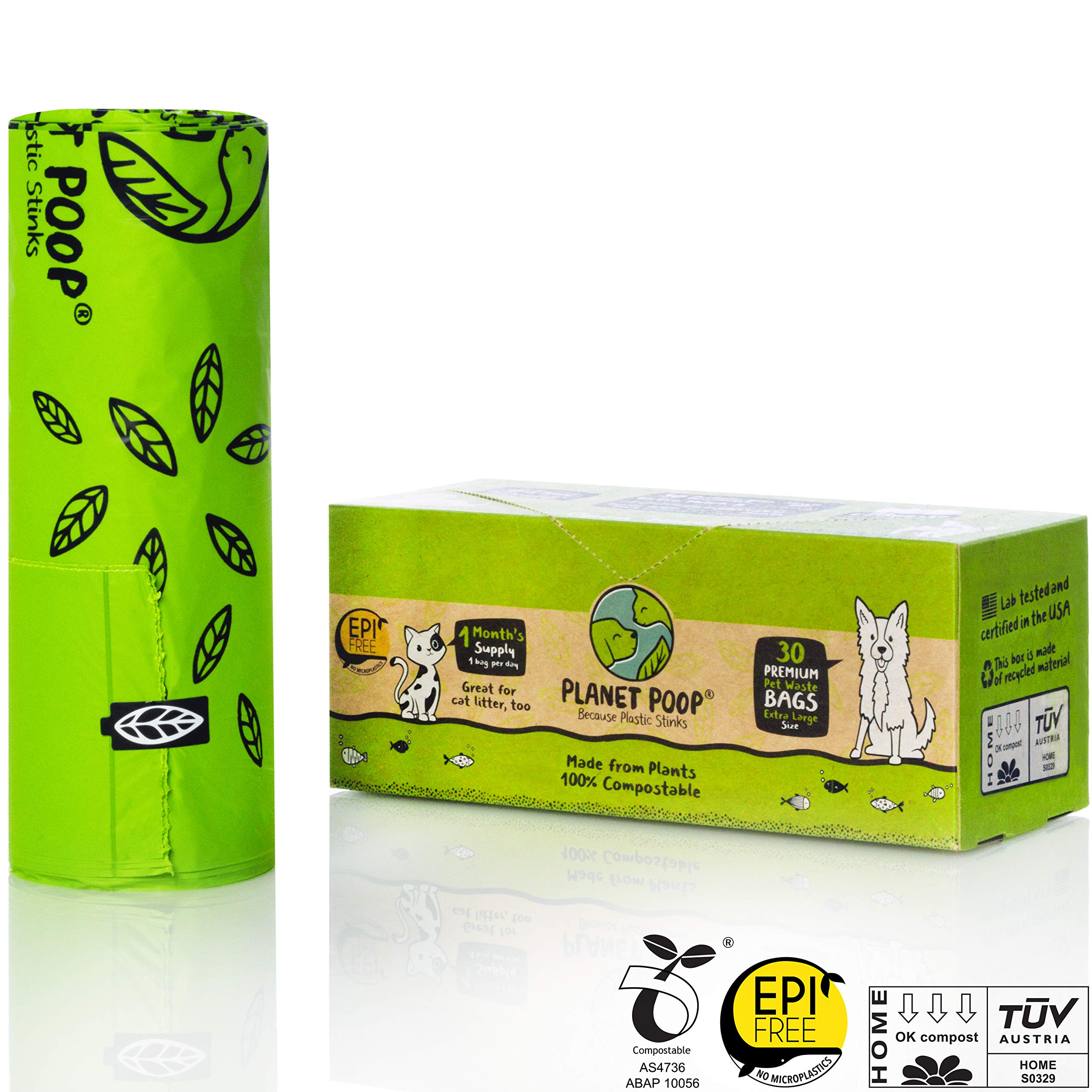 PLANET POOP Home Compostable Dog Poo Bags, 30 Count, XL Size, Green, Biodegradable, Model PP-XL-30, Eco-Friendly Pet Supplies