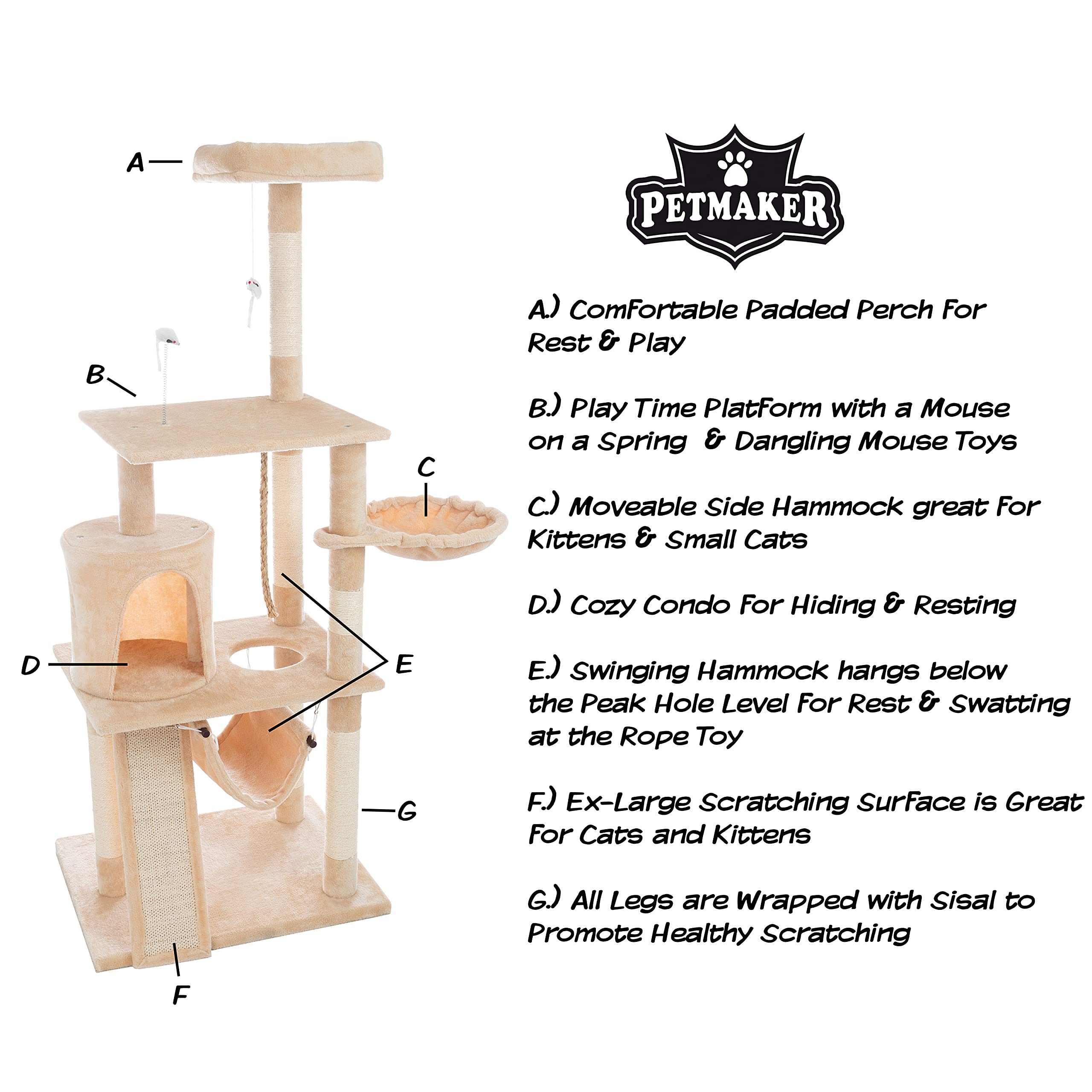4-Tier Indoor Cat Tower - Deluxe 6-Post Scratcher with Board, Napping Perches, Sleeping Condo, Hammocks, and Hanging Toys for Ca