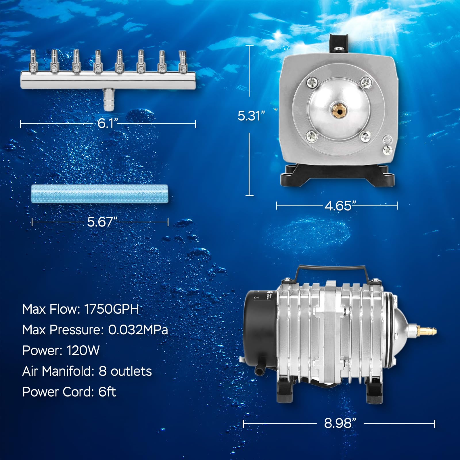 AquaMiracle Commercial Aquarium Air Pump 1750GPH 120W - Silver Aluminum ACO006 for Fish Tank Hydroponic Pond Aeration