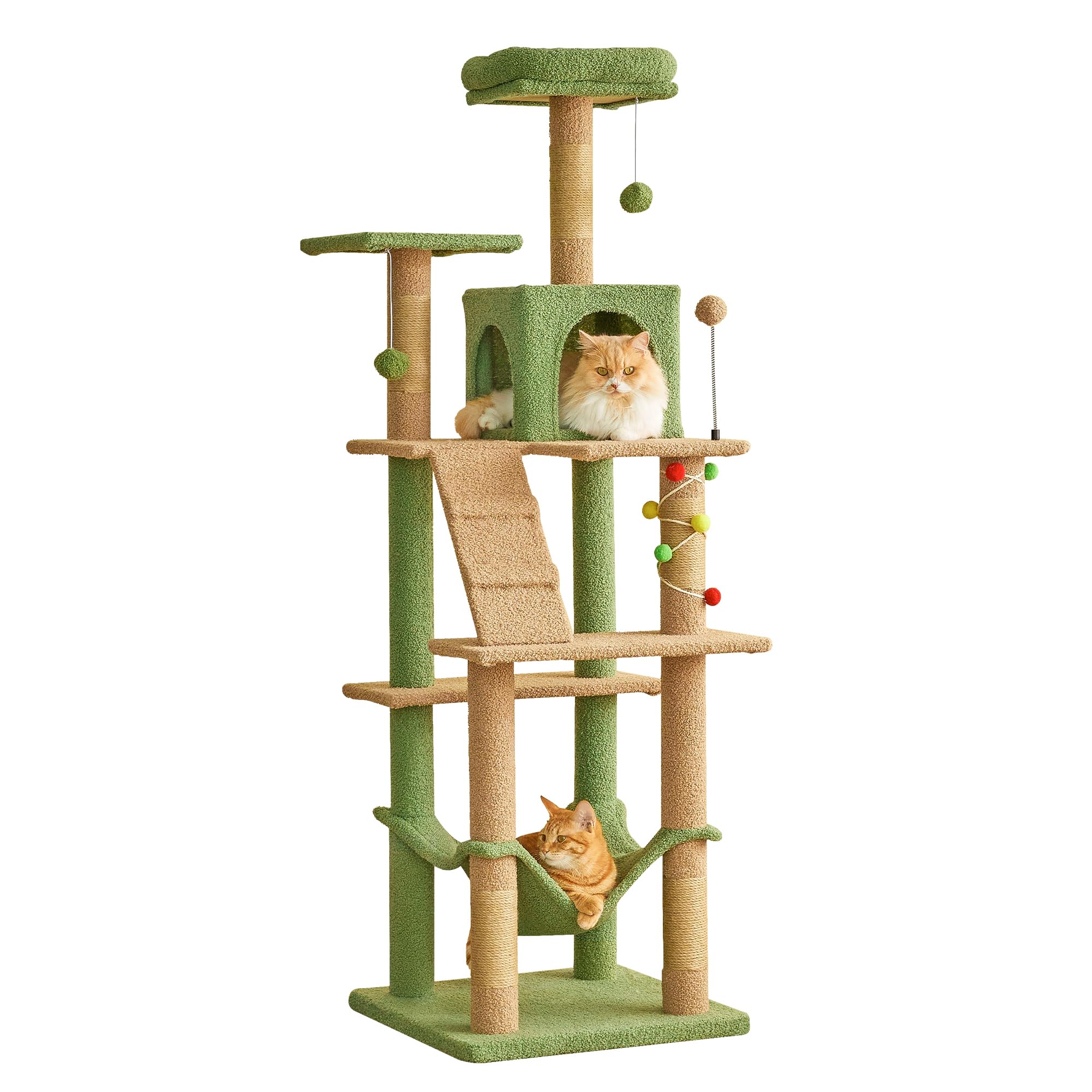 Mwpo 63.8 Inches Green Cat Tree For Indoor Cats, Multi-Level Cat Tower With Sisal-Covered Scratching Posts, Padded Platform, Ham