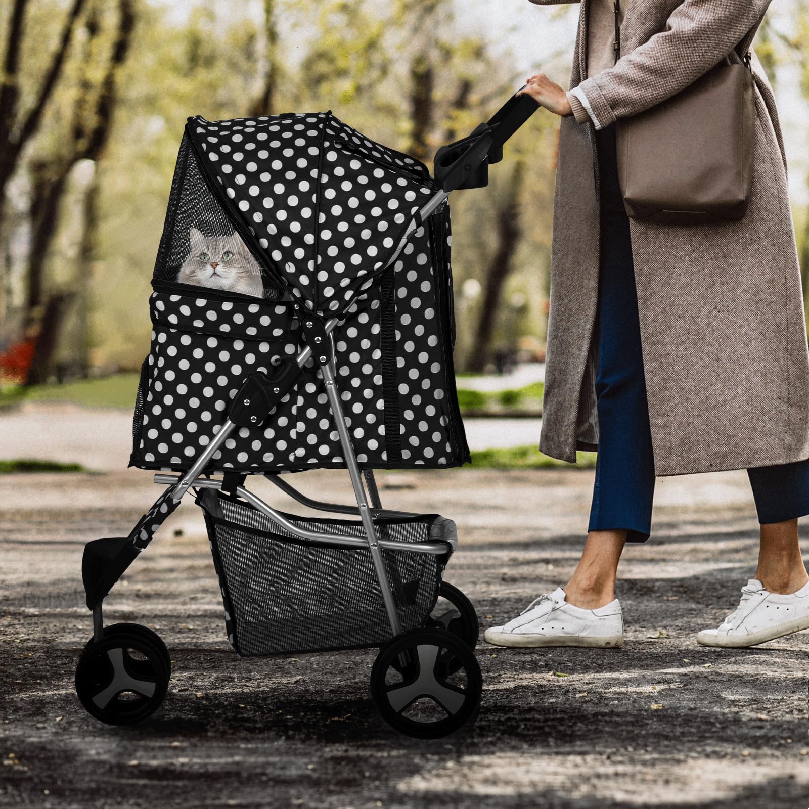 Monibloom 3 Wheels Pet Dog Cat Stroller For Small Medium Dogs Cats, Foldable Jogger Stroller W/Storage Basket And Cup Holder, Black Polka Dots