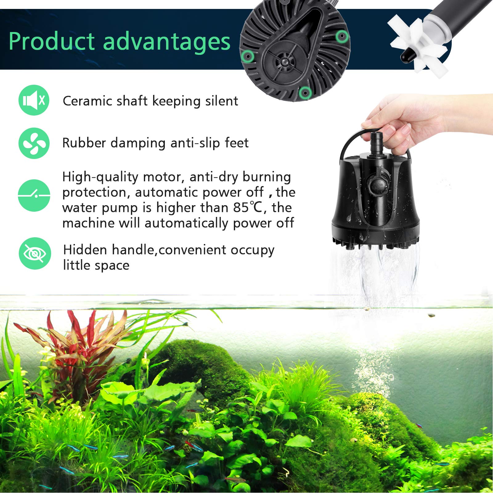 AQQA Submersible Water Pump 265GPH, Ultra-Quiet, Adjustable Flow, 15W, Black, Model AQ009, Ideal for Aquarium, Fish Tank, Pond, Hydropon