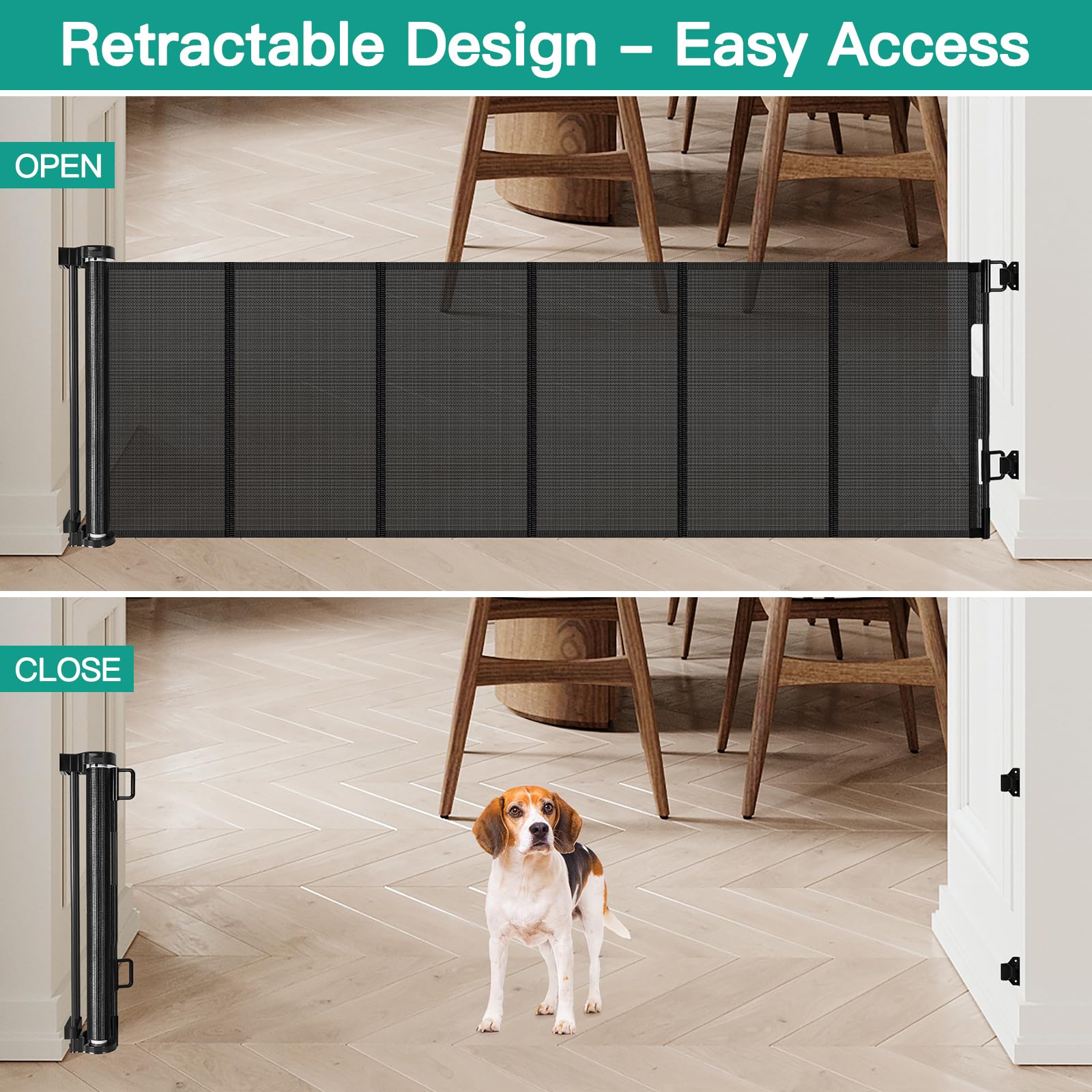 24 Inch Tall x 150 Inch Extra Wide Retractable Dog Gate for The House, Short Baby Gate to Step Over, Reinforced Mesh Puppy Gate