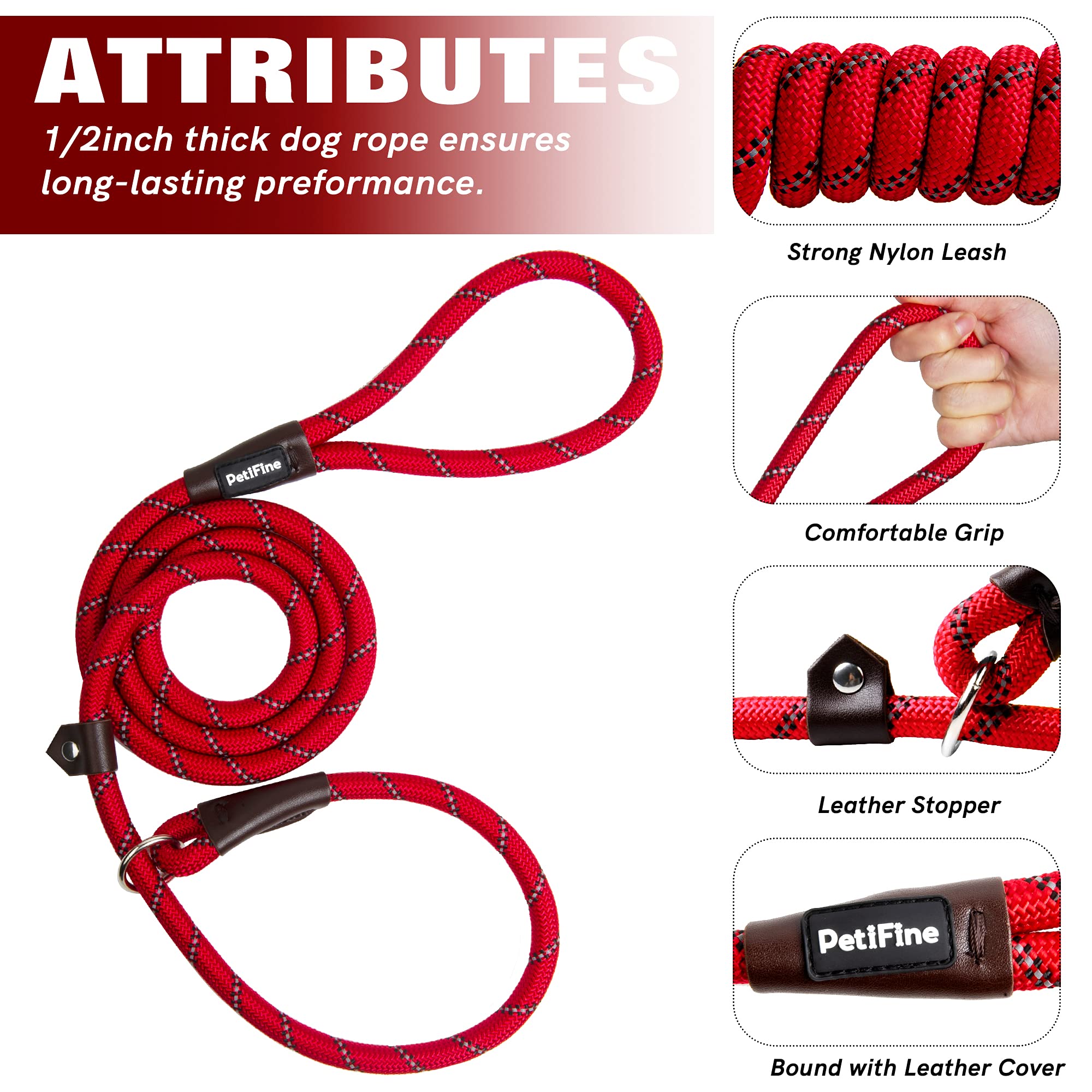 Petifine Slip Lead Dog Leash,6Ft X 3/8 '' Reflective Durable Dog Training Leash, Heavy Duty Adjustable Nylon Dog Rope Leash Slip