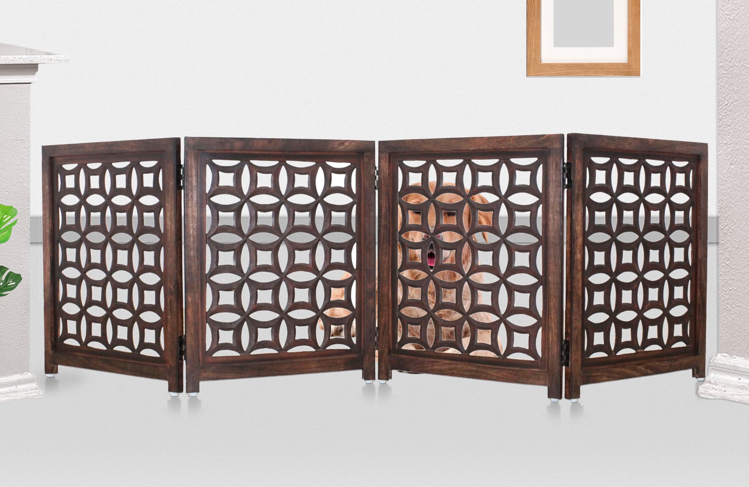 Wooden Foldable Pet Dog Safety Gate -4 Panels 20''Wx24''H- Hand Carved Solid Wood And Mdf - Free Standing Portable Indoor Doorwa