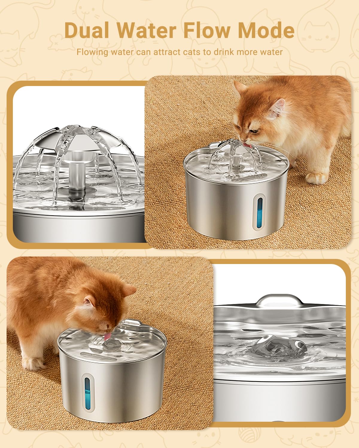 Cat Water Fountain Stainless Steel - 74oz/2.2L Pet Dog Water Dispenser Automatic Silent Cats Dispenser for Drinking Indoor Metal