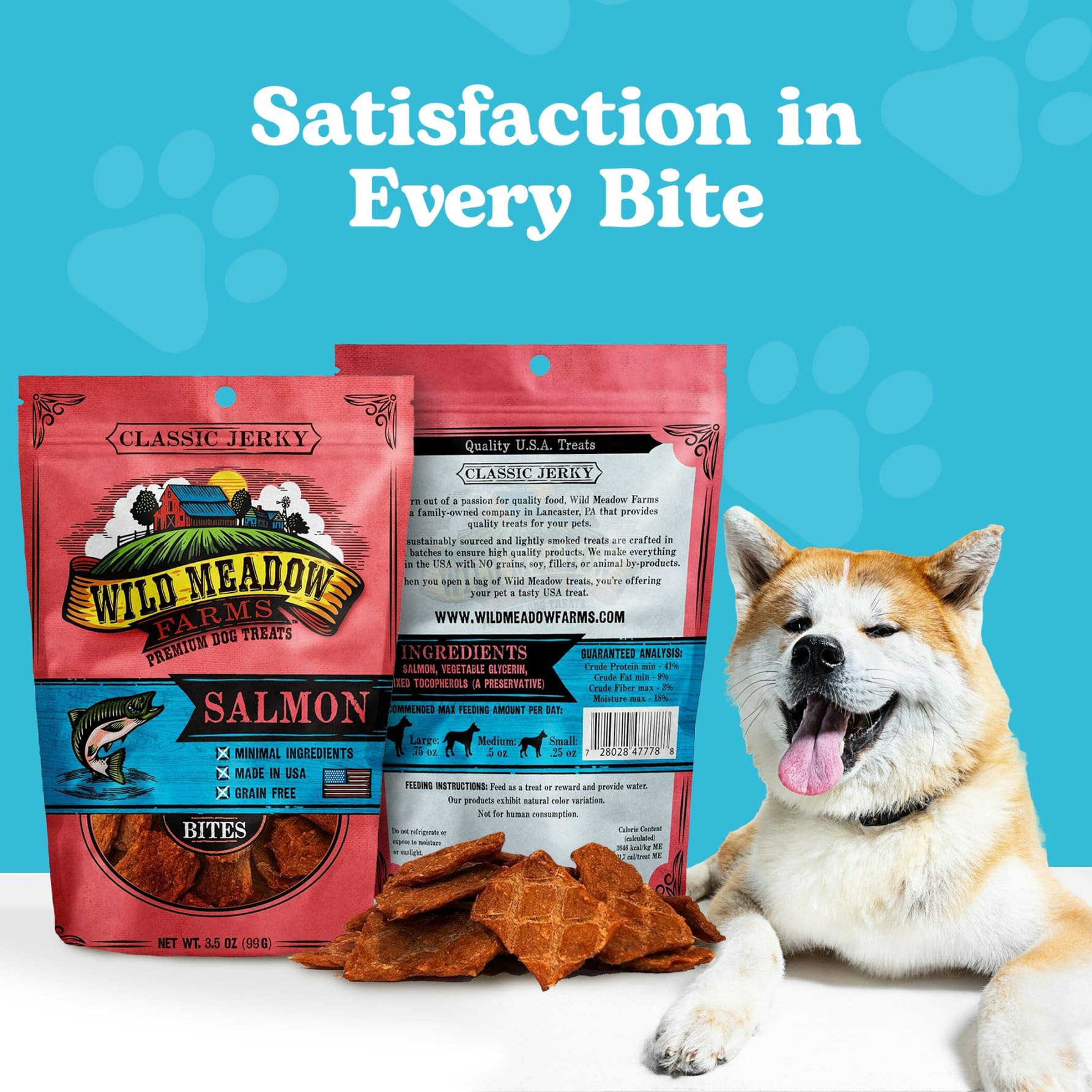 Wild Meadow Farms - Classic Salmon Bites, Soft Jerky Treats for Dogs, Grain-Free & All-Natural, Ideal for Training, Portioning,