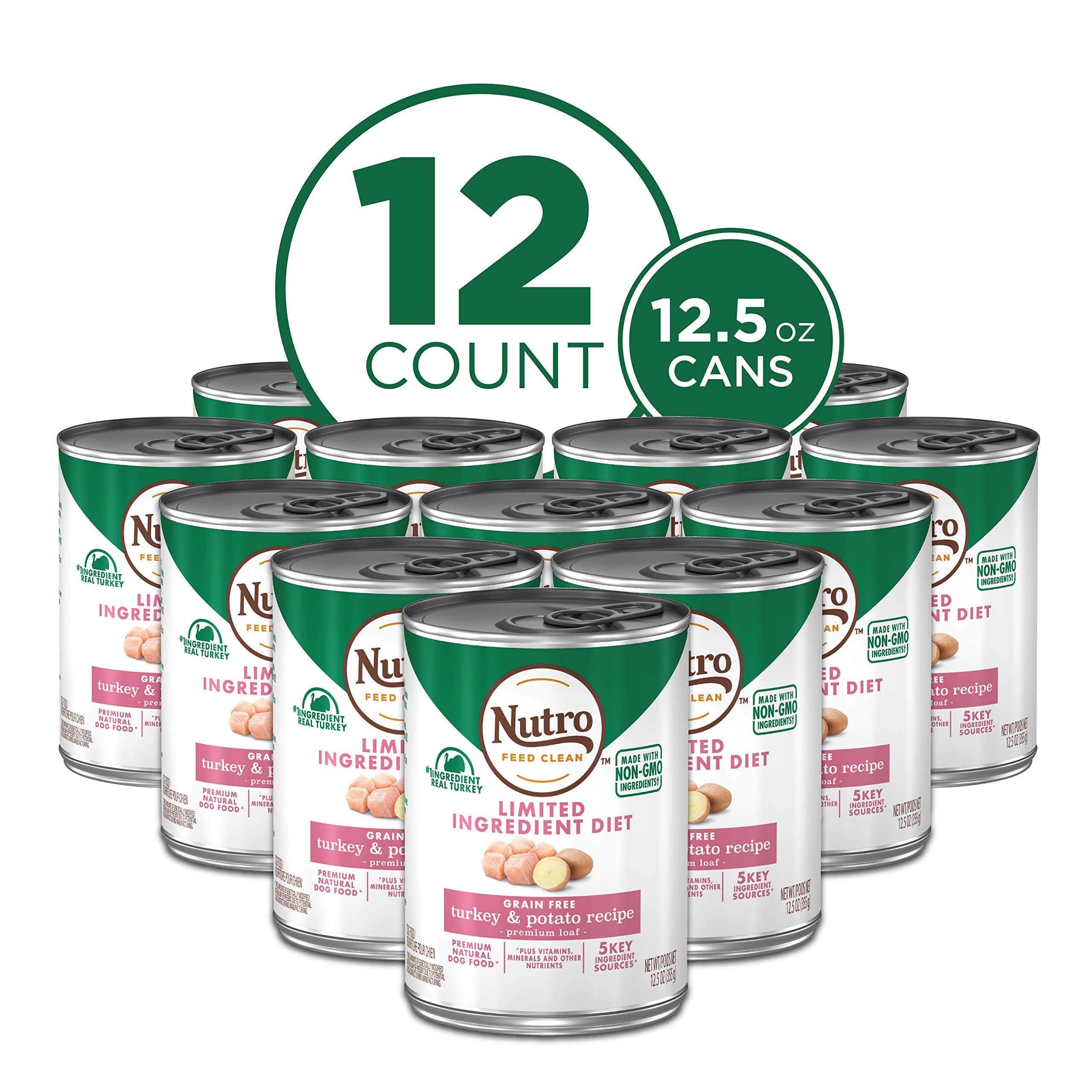 Nutro Limited Ingredient Diet Adult Canned Soft Wet Dog Food Premium Loaf Turkey & Potato Recipe, 12.5 oz. cans (12 Count, Pack