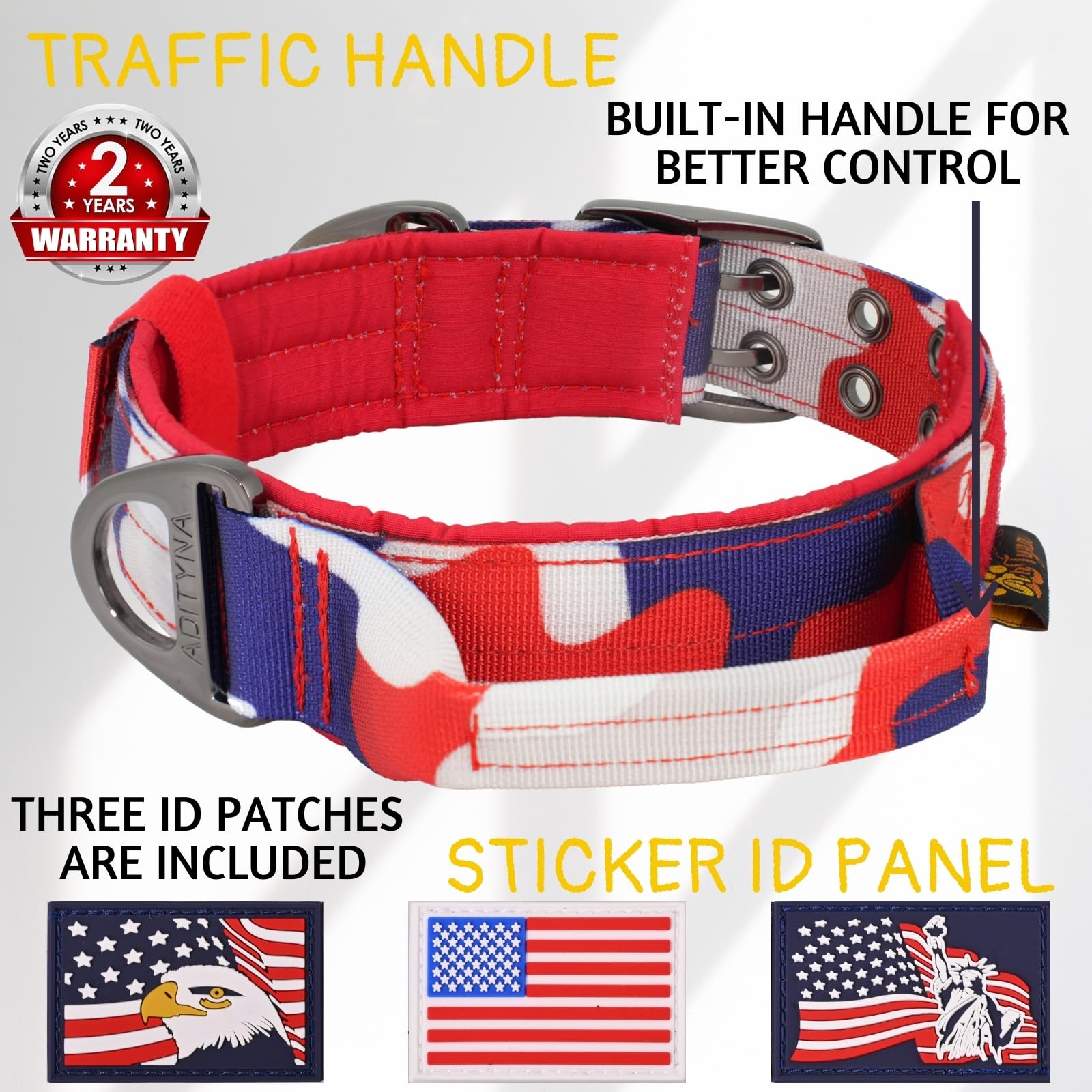 Adityna Heavy Duty Dog Collar For Medium Dogs - Camo Red Blue Collar With Handle For Training, And Walking - Wide, Thick, Tactic