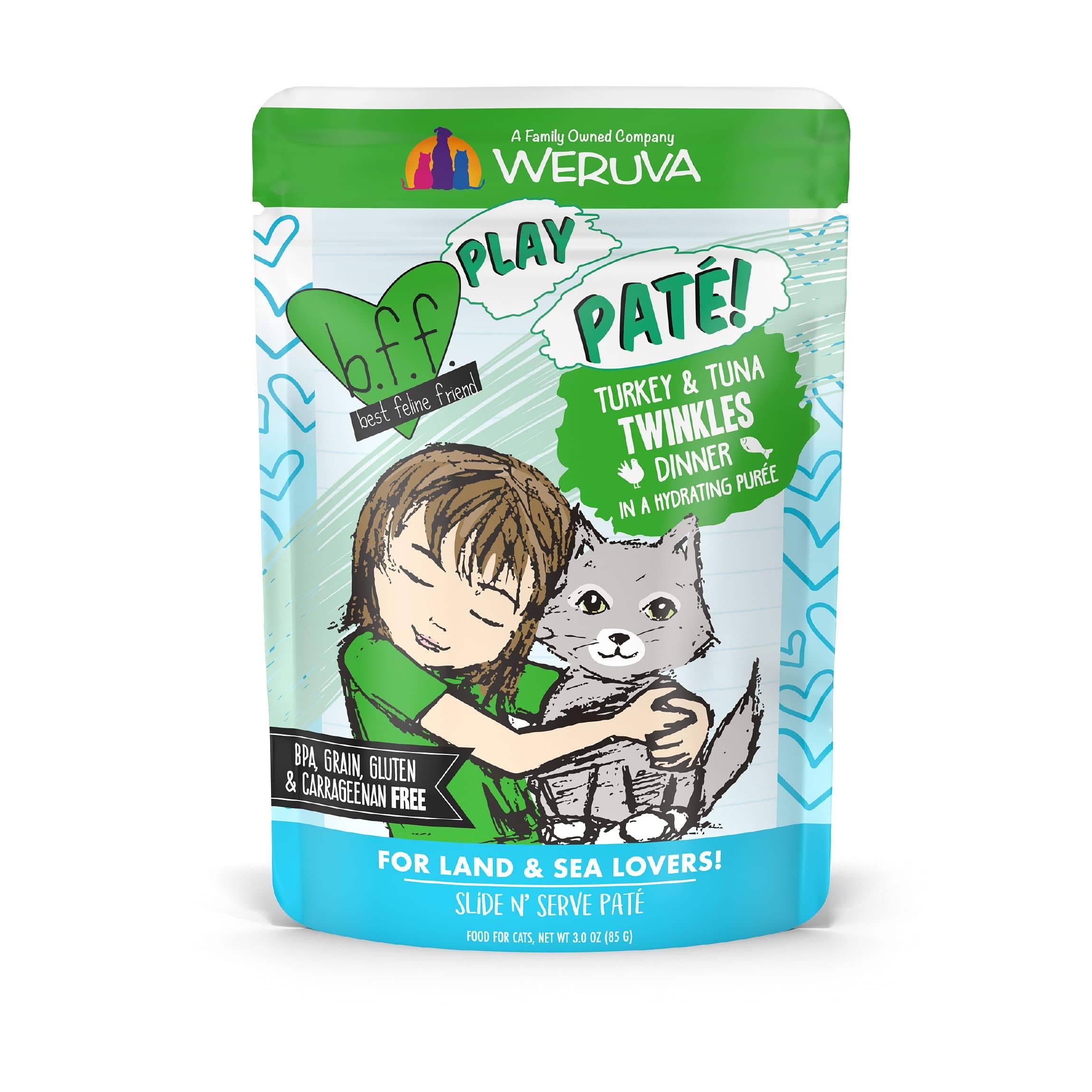 Weruva B.F.F. Play - Best Feline Friend Pat   Lovers, Aw Yeah!, Turkey & Tuna Twinkles with Turkey & Tuna, 3oz Pouch (Pack of 12