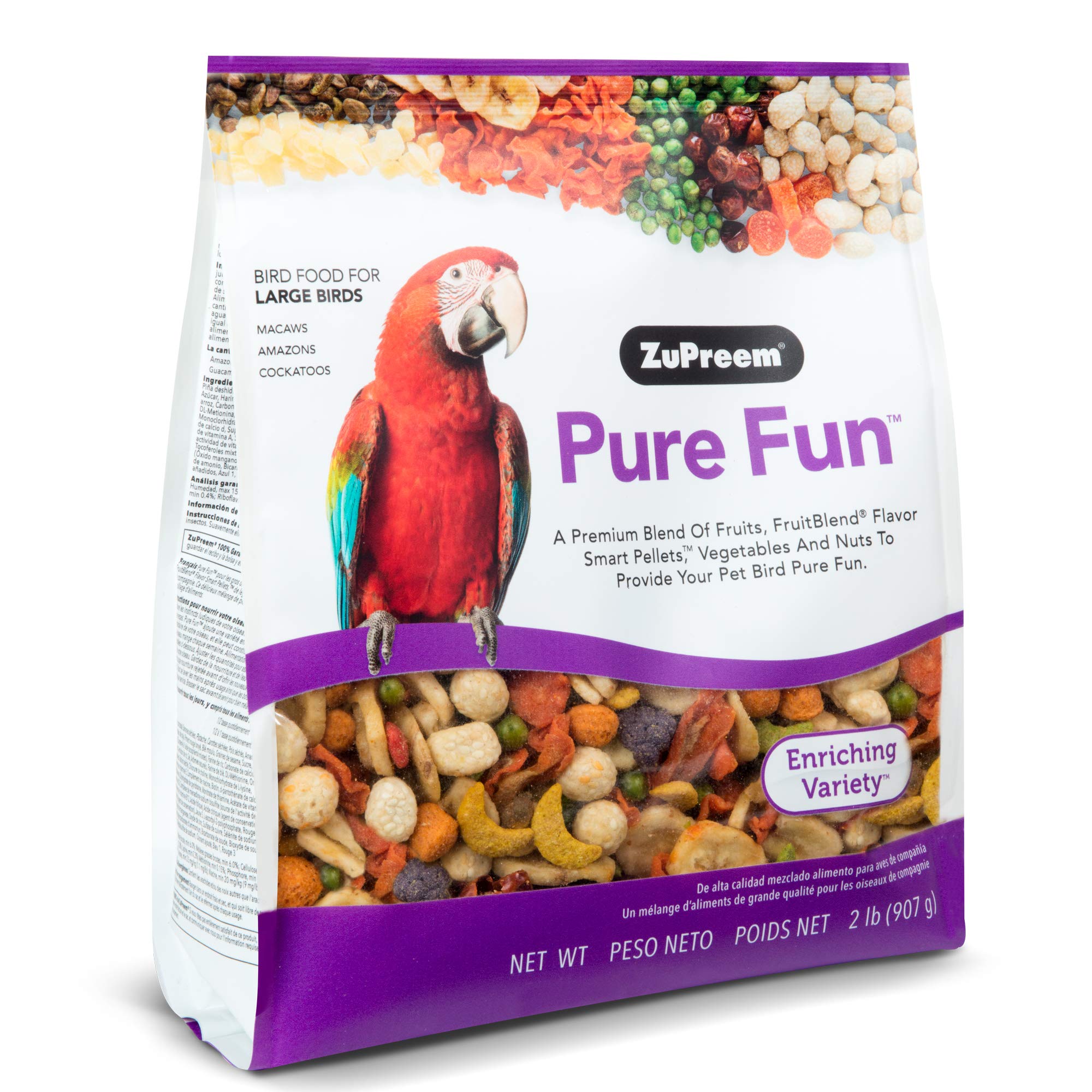 ZuPreem Pure Fun Bird Food for Large Birds, 2 lb  Variety Blend of Fruit, FruitBlend Pellets, Vegetables, Nuts for Amazons, Mac