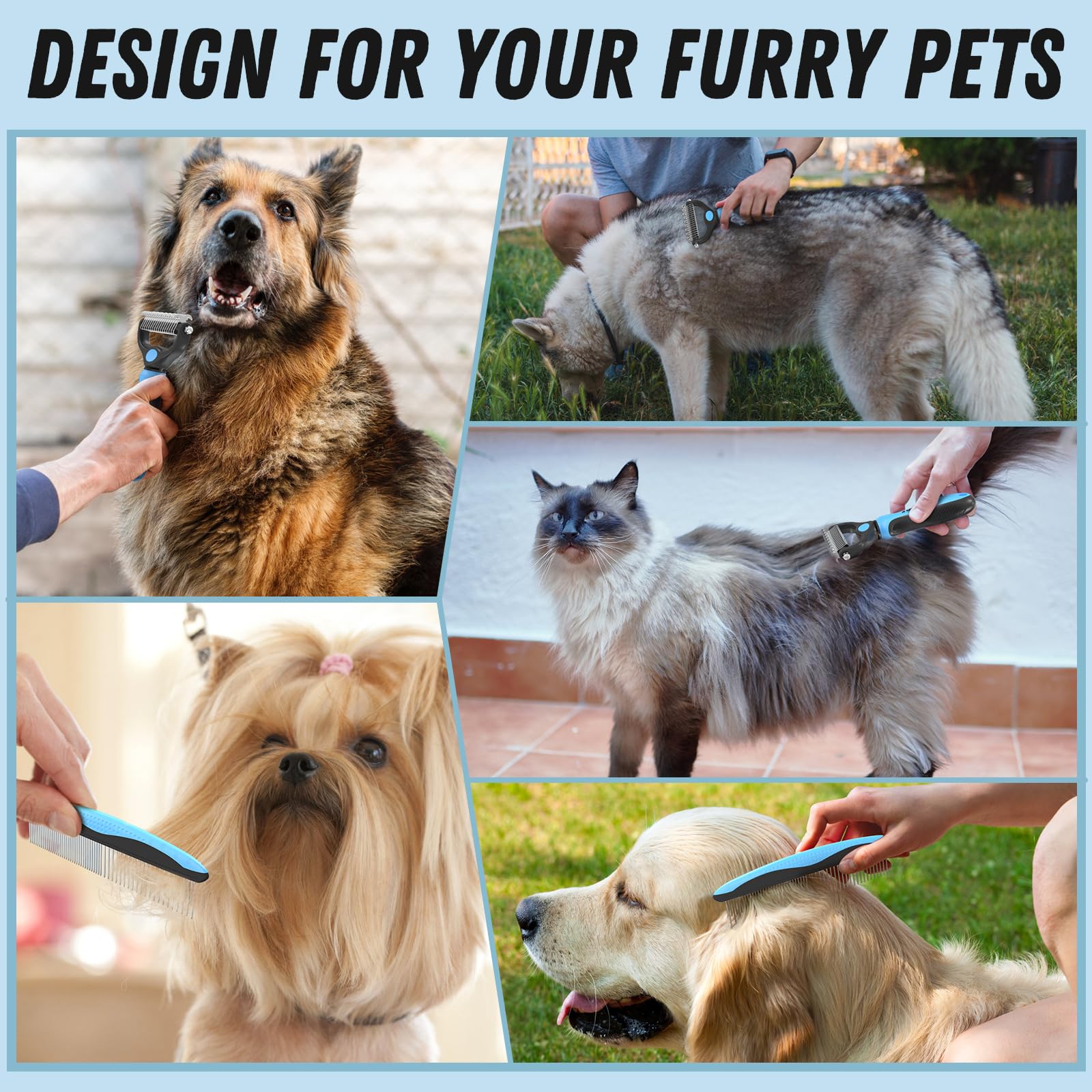 Docrok Pet Grooming Combo - Blue Deshedding Brush With Metal Comb For Detangling And Dematting Long, Matted Fur On Cats And Dogs