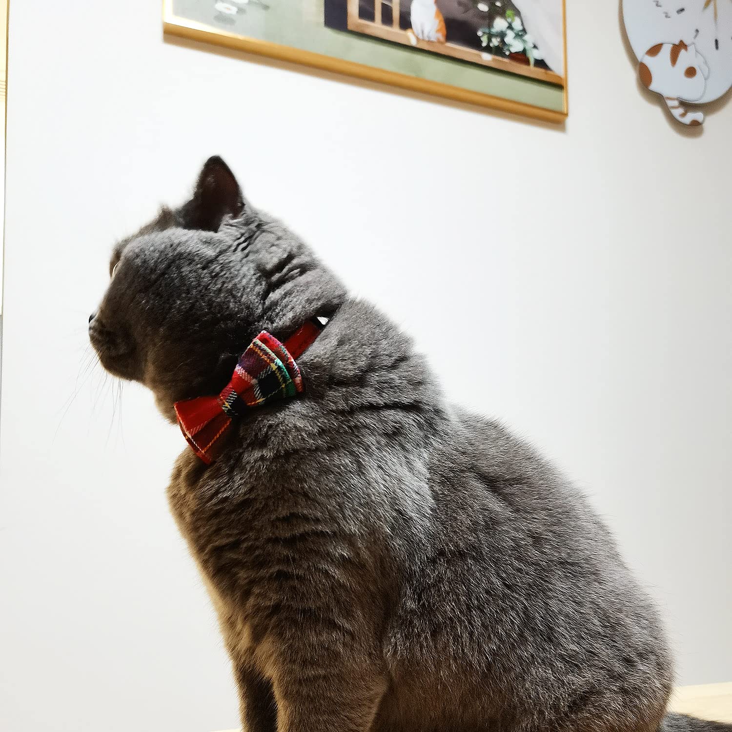 Cat Collar Breakaway With Bell And Bow Tie, Plaid Design Adjustable Safety Kitty Kitten Collars(6.8-10.8In) (Christmas Red)