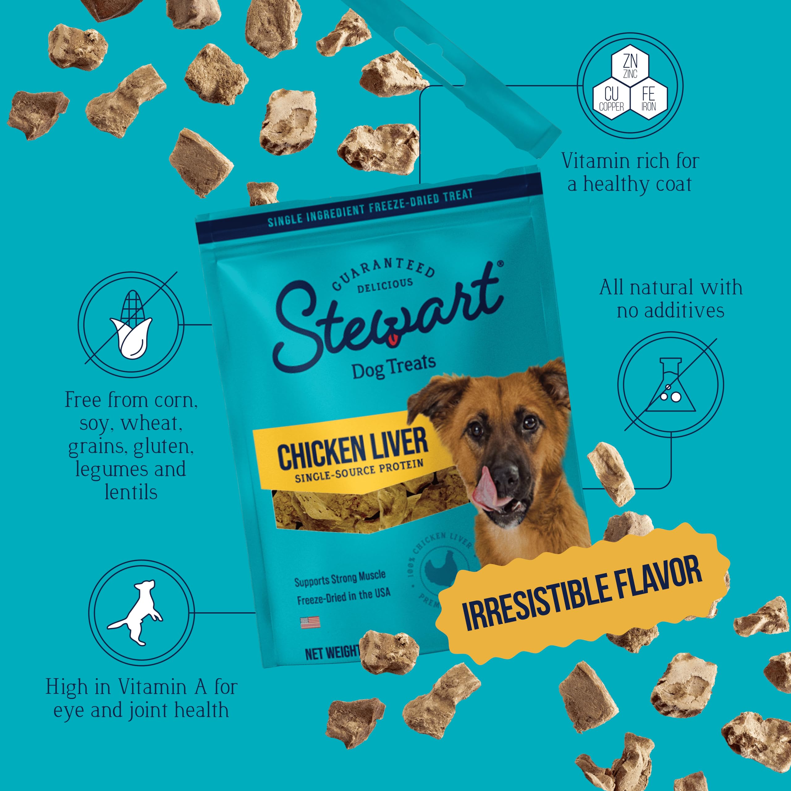 Stewart Single Ingredient Freeze Dried Raw Dog Treats, Chicken Liver, 2.5 Ounce Resealable Pouch, Training Treats or Meal Topper