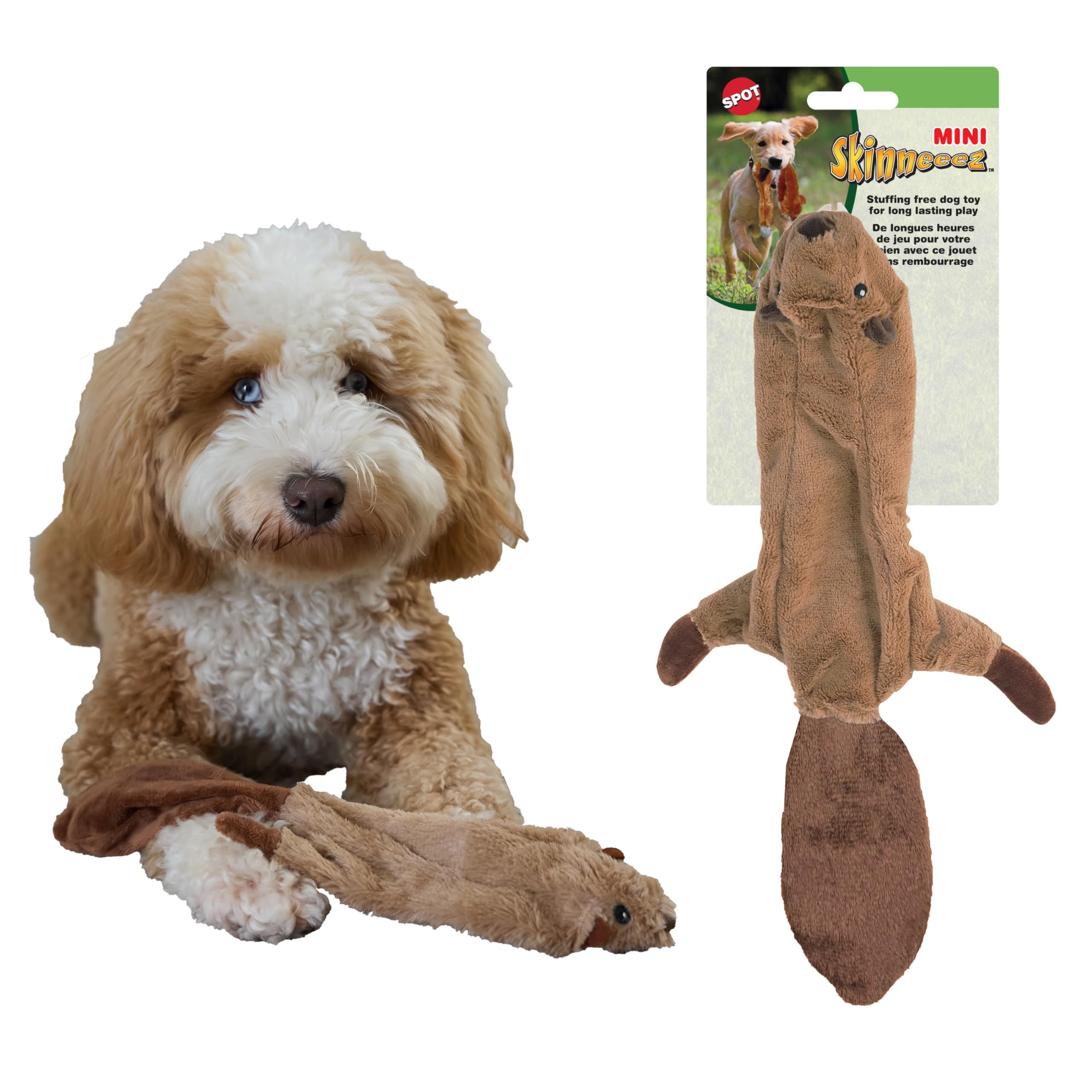 SPOT Skinneeez Beaver Dog Toy - 14 Stuffing-Free Plush Squeaky Dog Toy, Durable Interactive Toy for Small & Medium Dogs, Light t