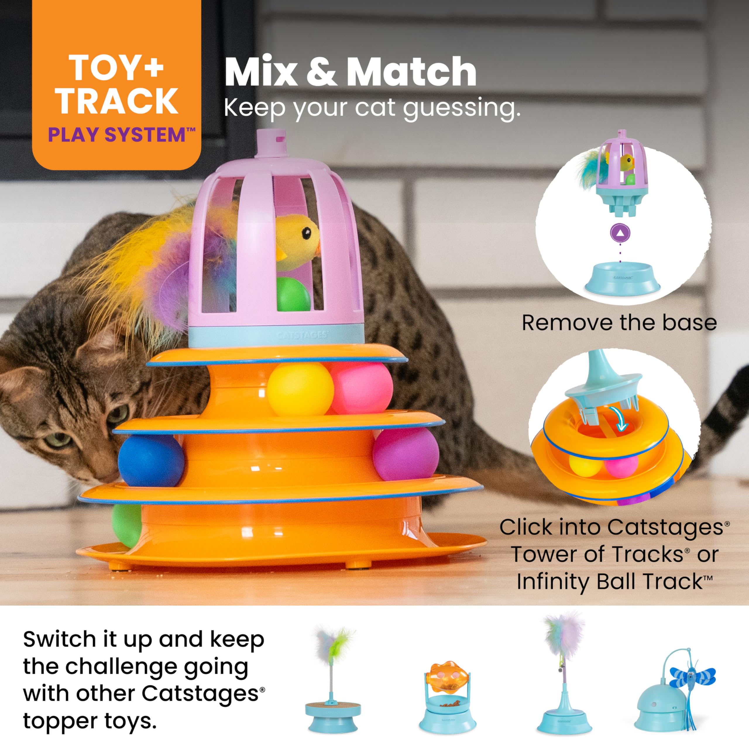 Catstages 2-in-1 Chirping Bird Toy and Cat Track Topper with Inner Ball Track, Purple