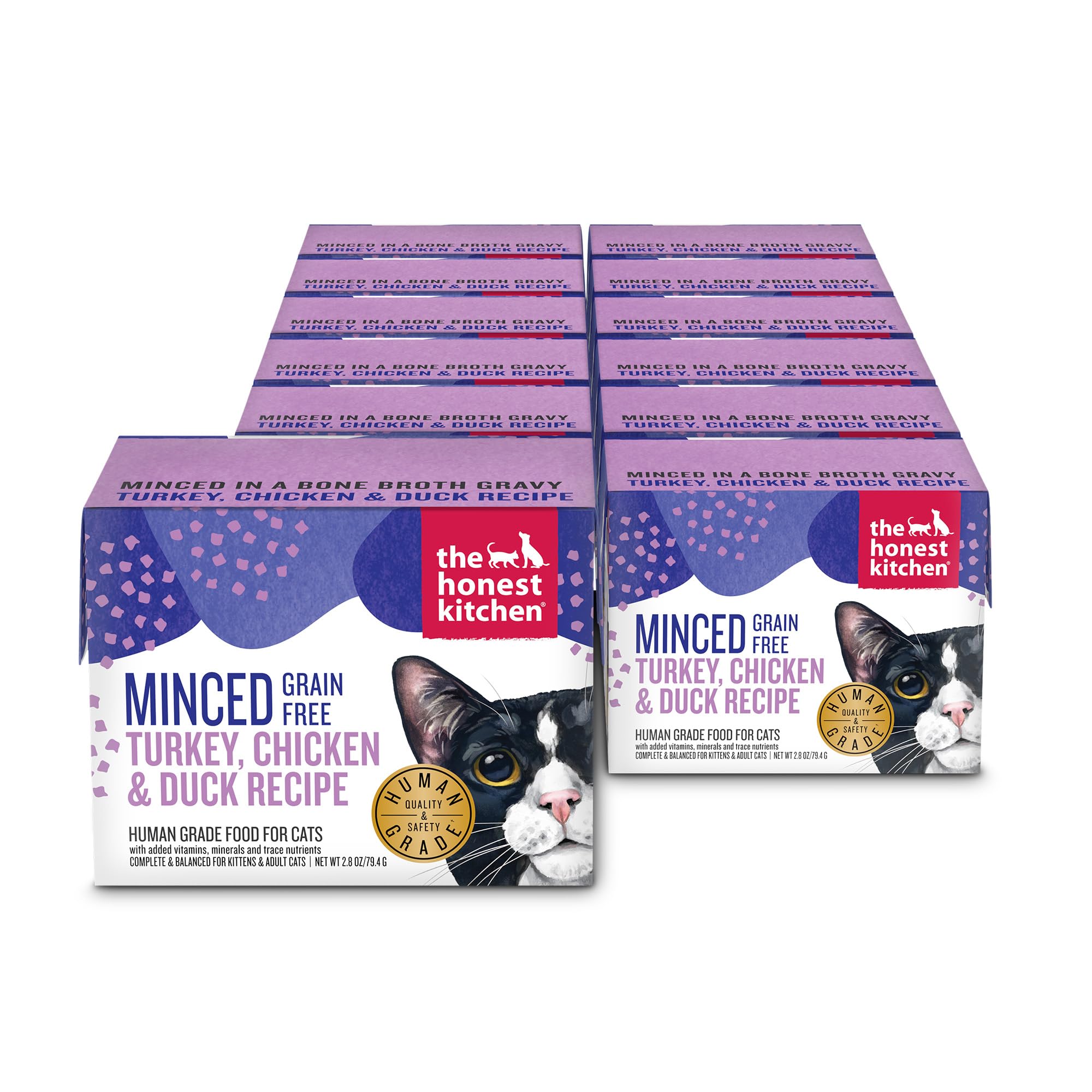 The Honest Kitchen Human Grade Grain Free Minced Turkey, Chicken & Duck in Bone Broth Gravy Wet Cat Food, 2.8 oz x12