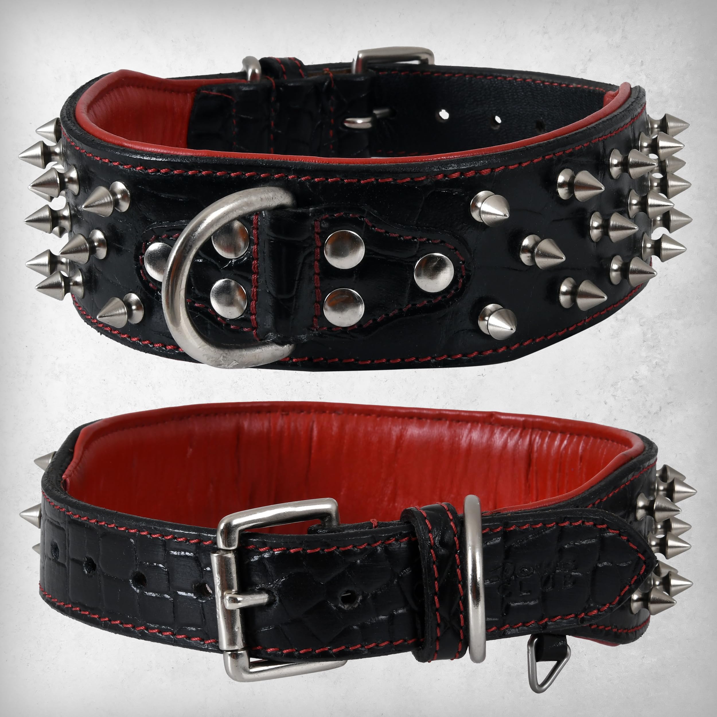 Dowgclub Premium Genuine Leather Spike Dog Collar, Crocodile Pattern, Gator Design | Full Grain, Heavy Duty, Exotic, Distinguish